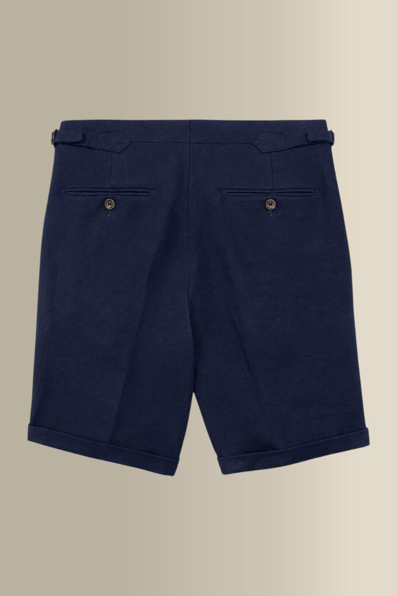 Navy Single Pleat Twill Linen Shorts