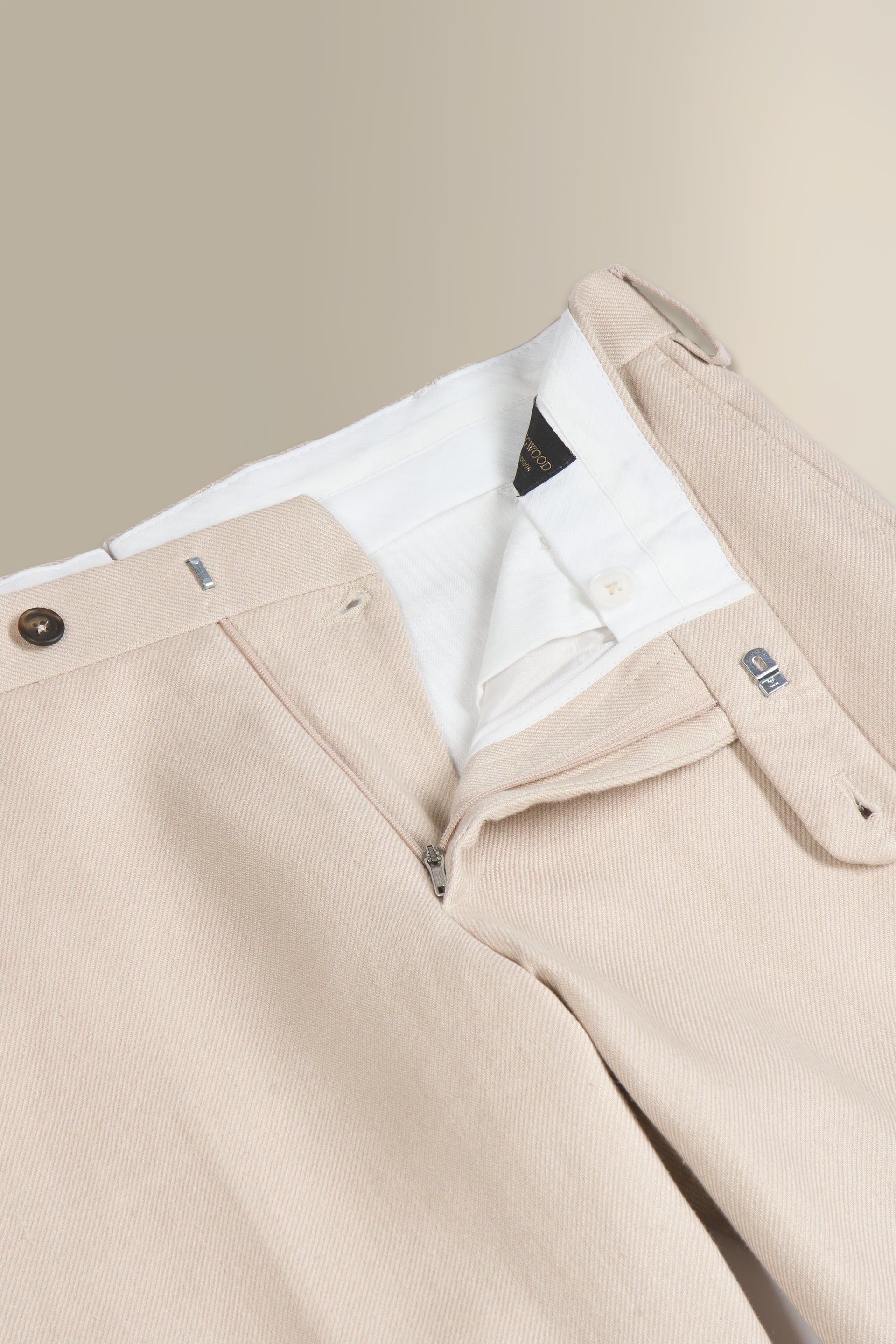 Cream Flat Front Linen Twill Trousers