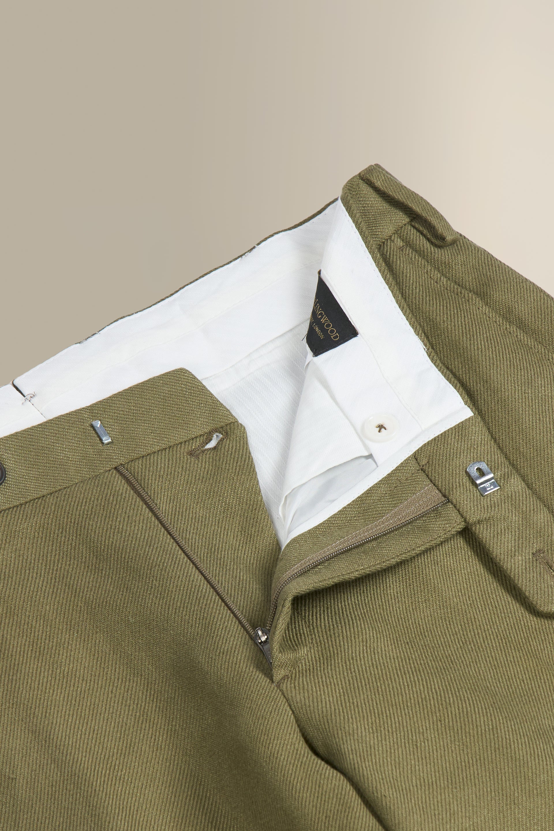 Green Flat Front Linen Twill Trousers