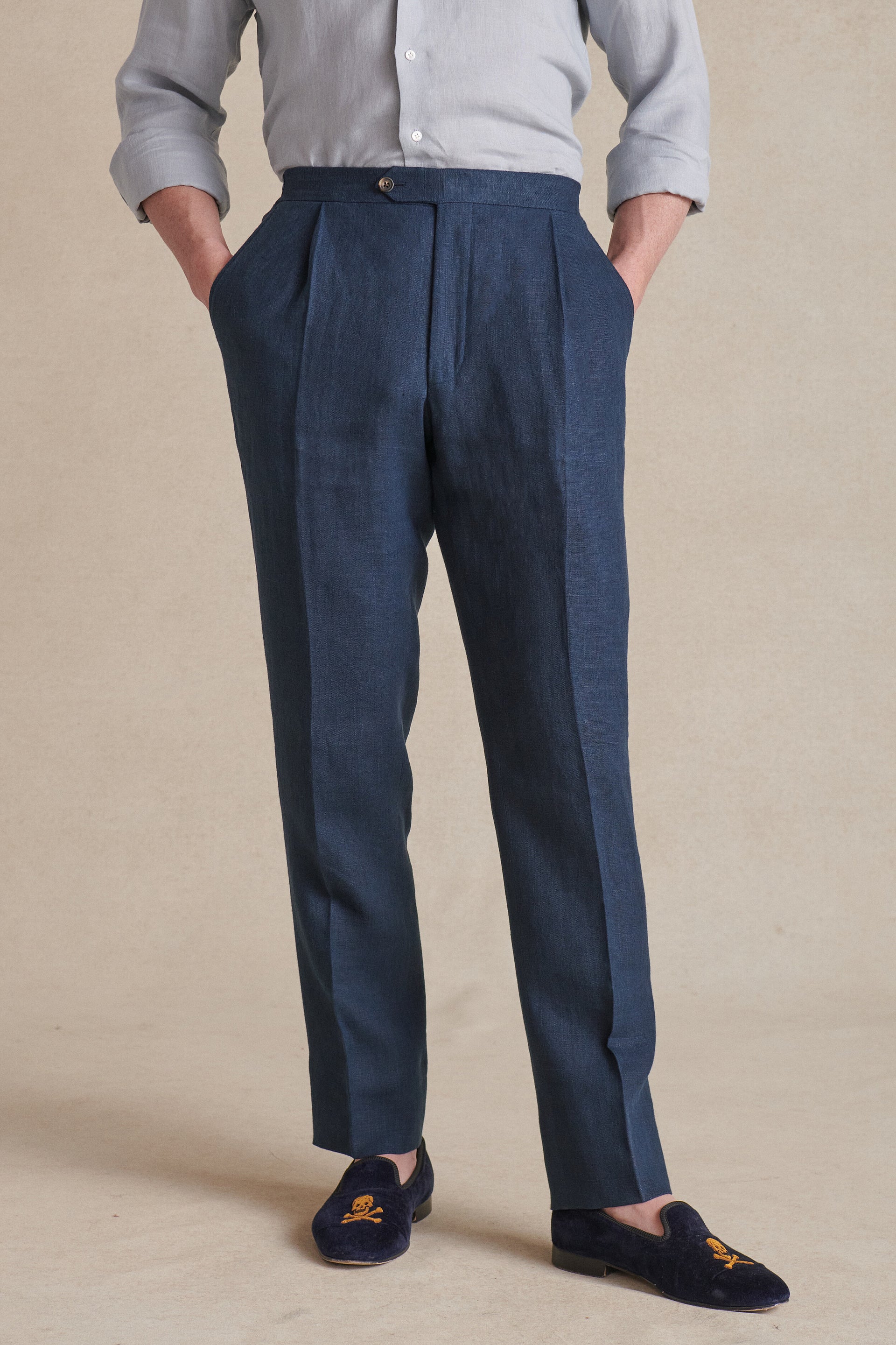 Navy Single Pleat Linen Trousers