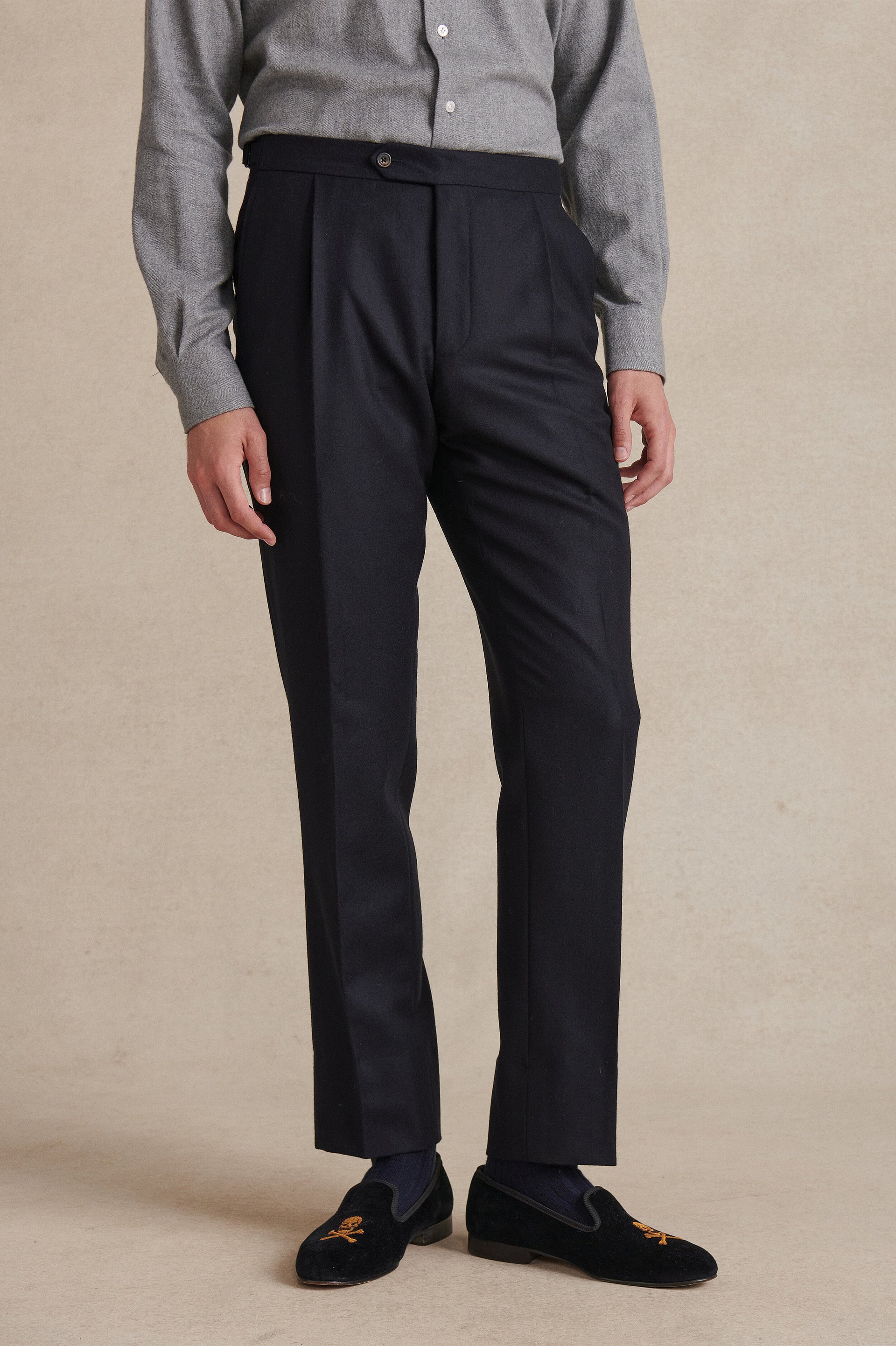 Navy Single Pleat Flannel Trousers