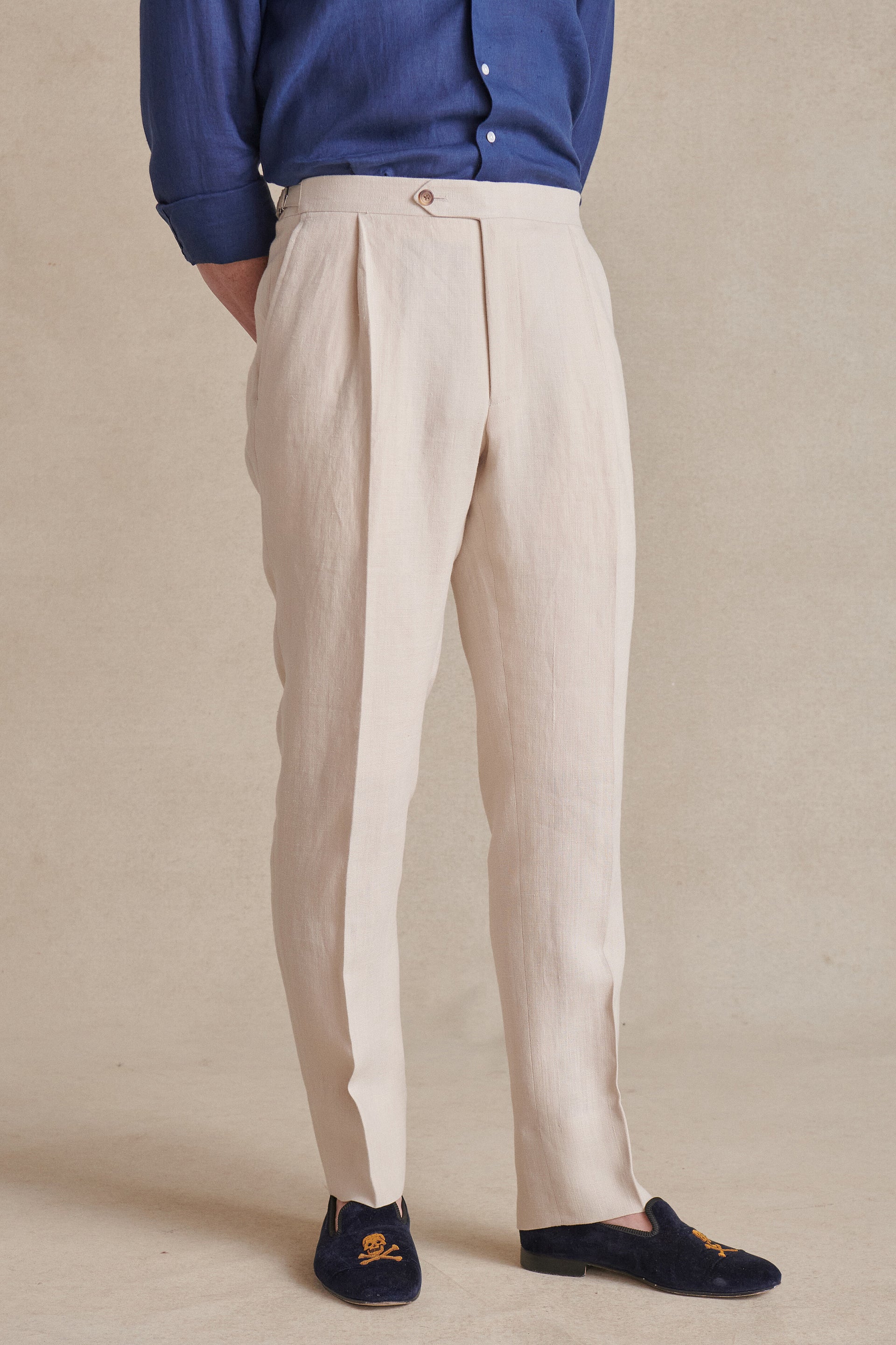 Cream Single Pleat Linen Trousers