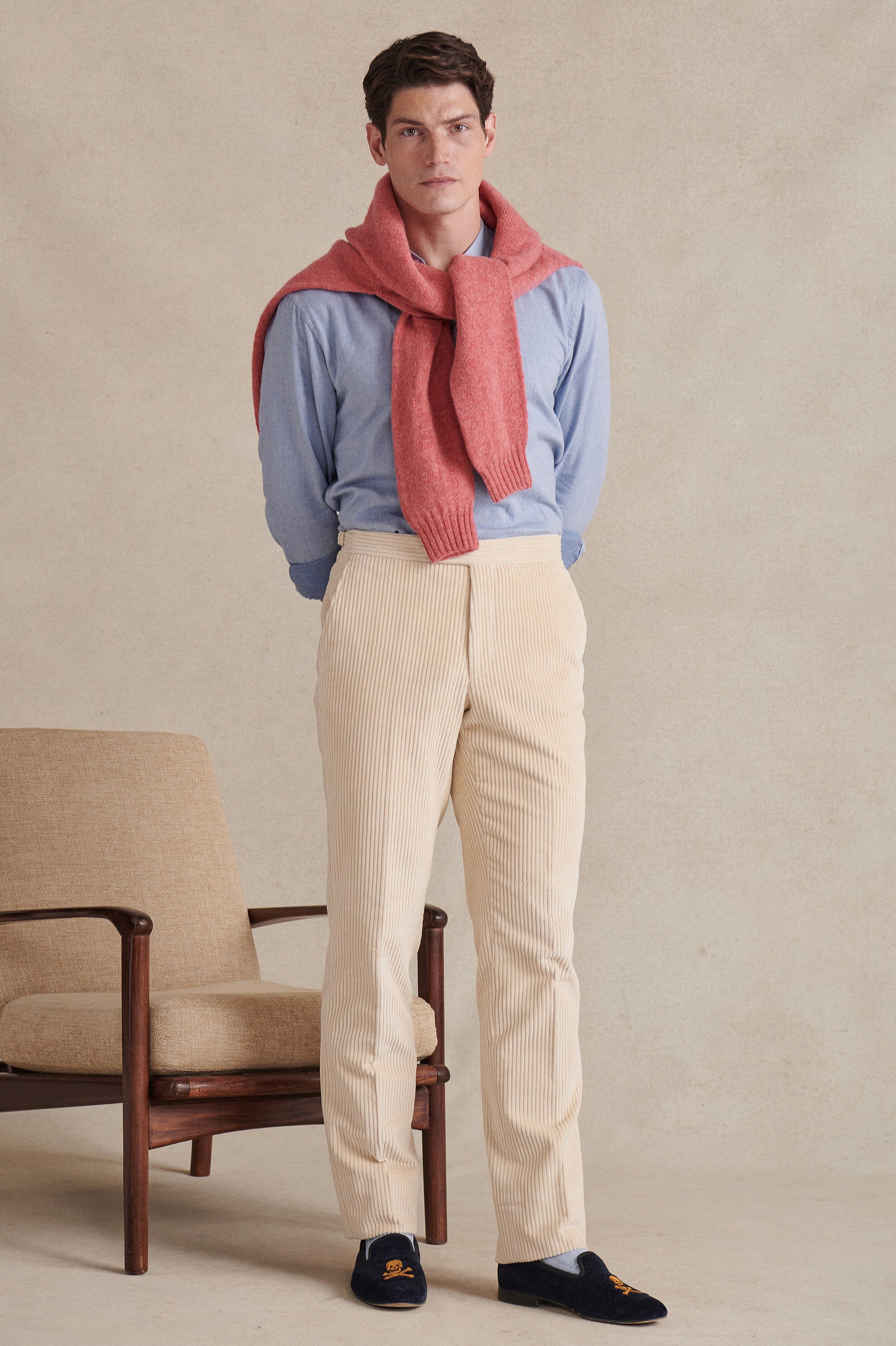 Cream Flat Front 5 Wale Corduroy Trousers