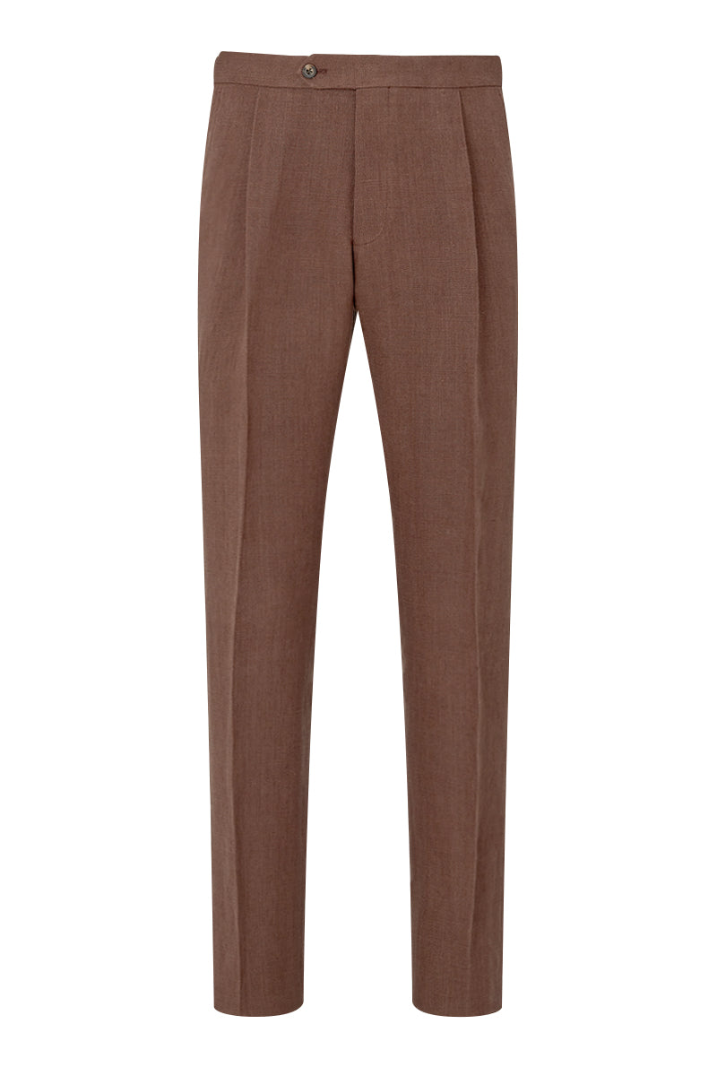 Brown Single Pleat Linen Trousers
