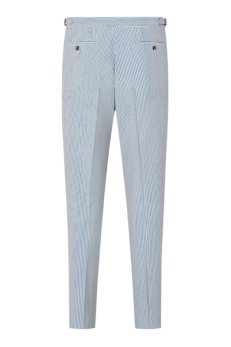 Blue Stripe Single Pleat Seersucker Trousers