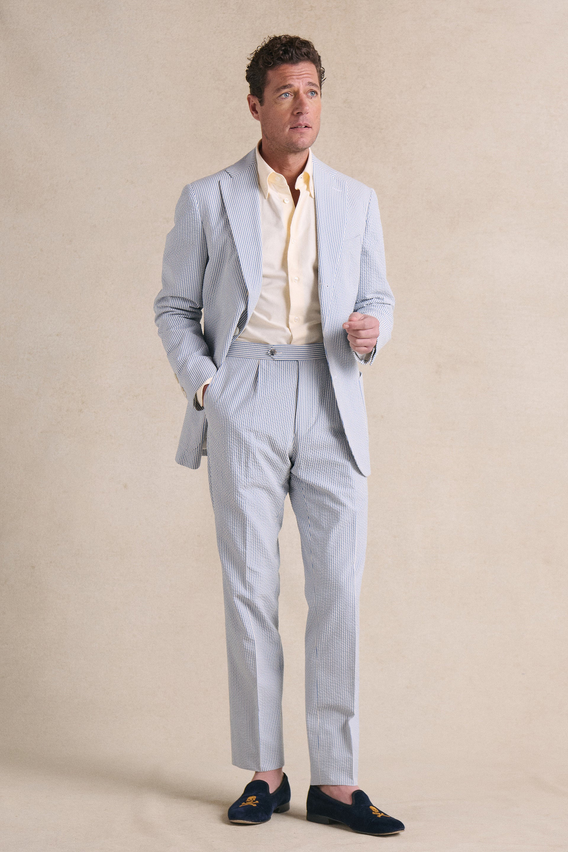 Blue Stripe Single Pleat Seersucker Trousers