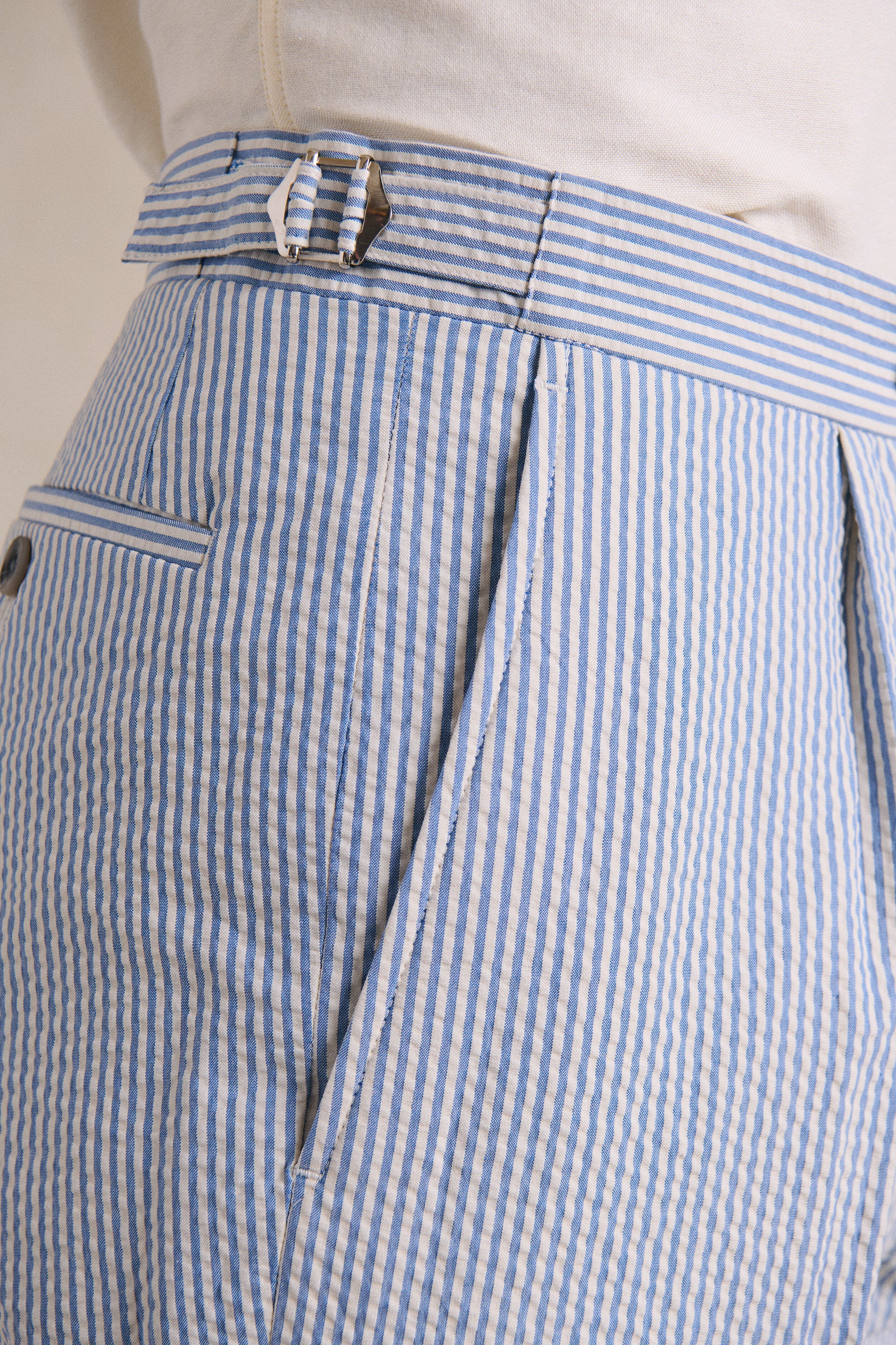 Blue Stripe Single Pleat Seersucker Trousers