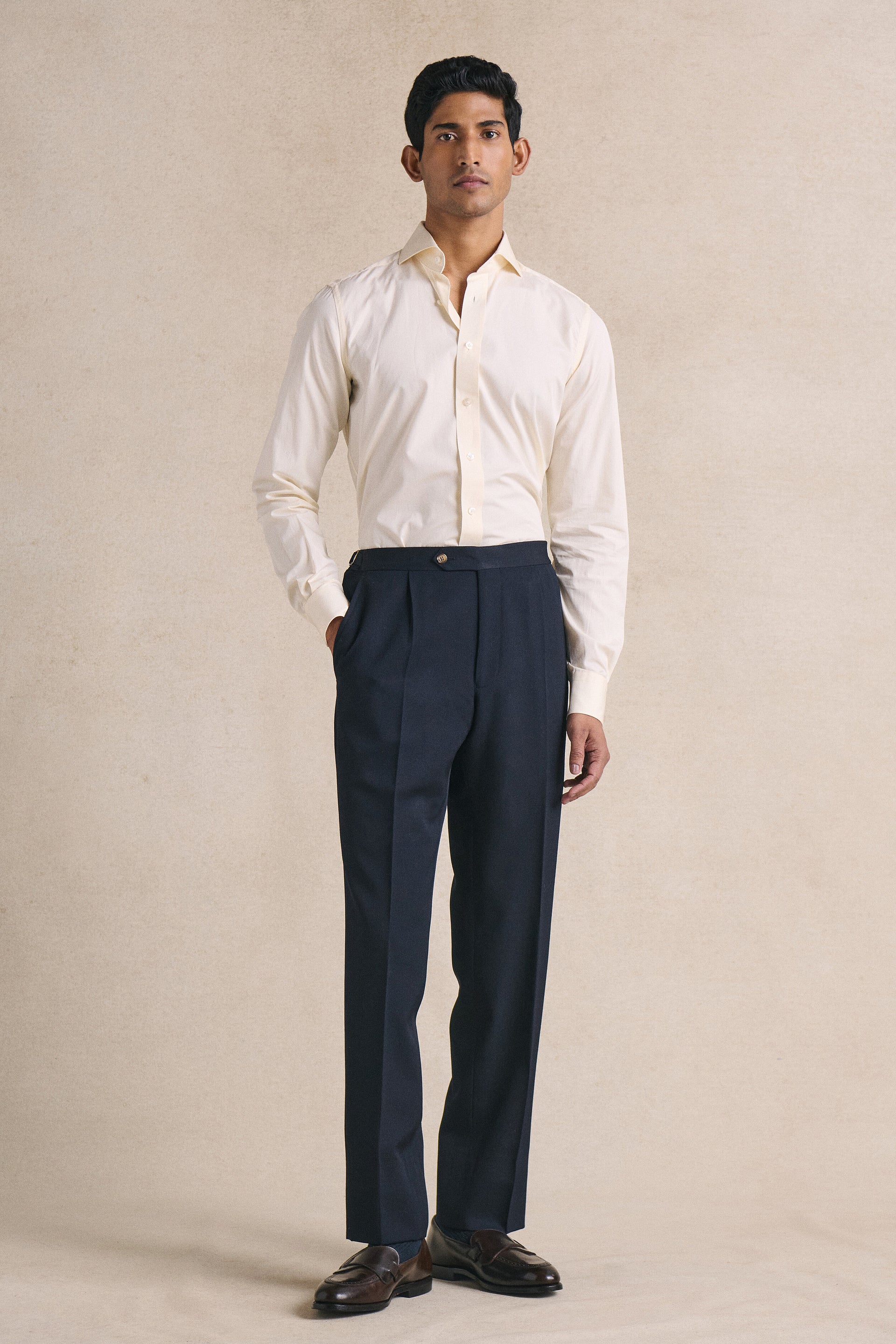 Navy Single Pleated Gabardine Trousers