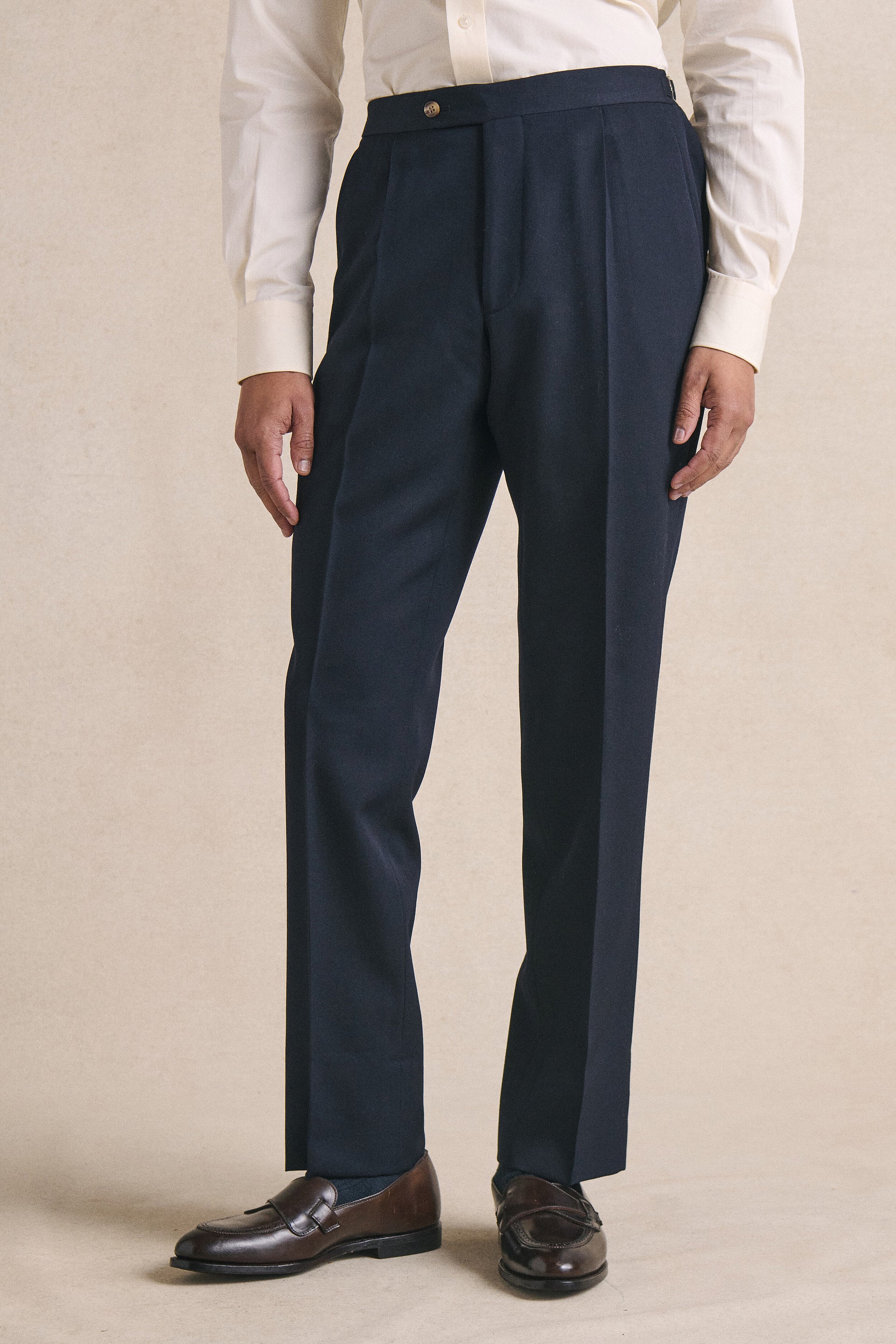 Navy Single Pleated Gabardine Trousers