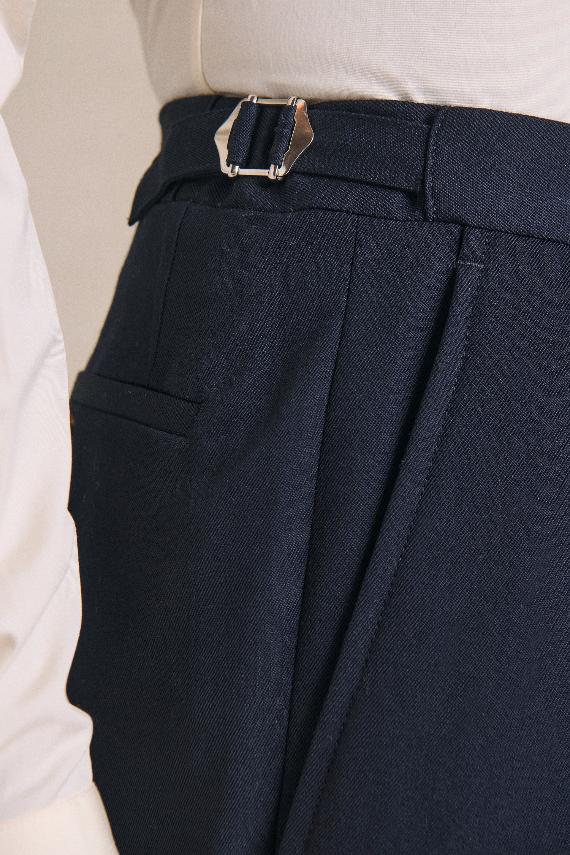 Navy Single Pleated Gabardine Trousers