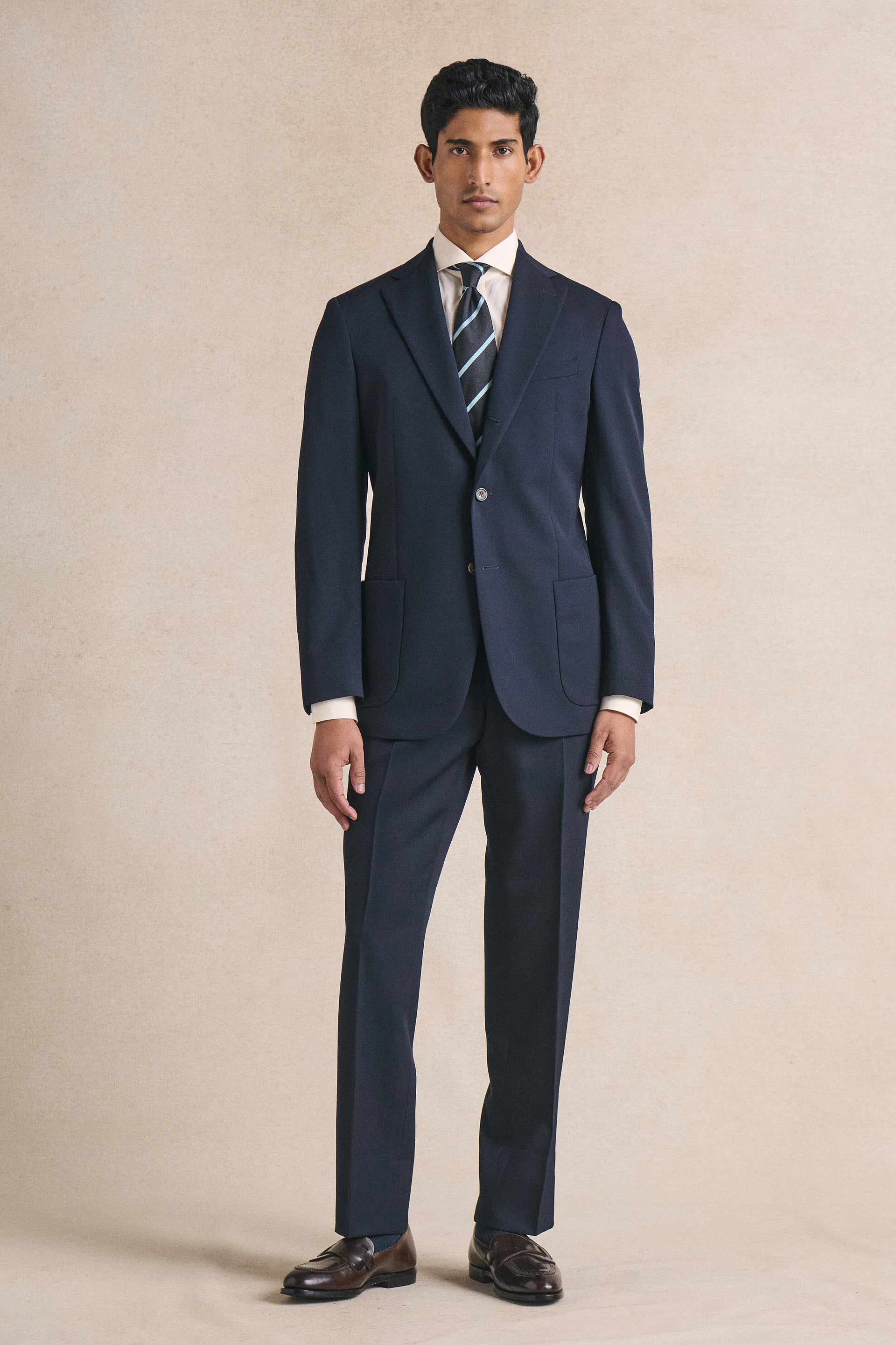 Navy Single Pleated Gabardine Trousers