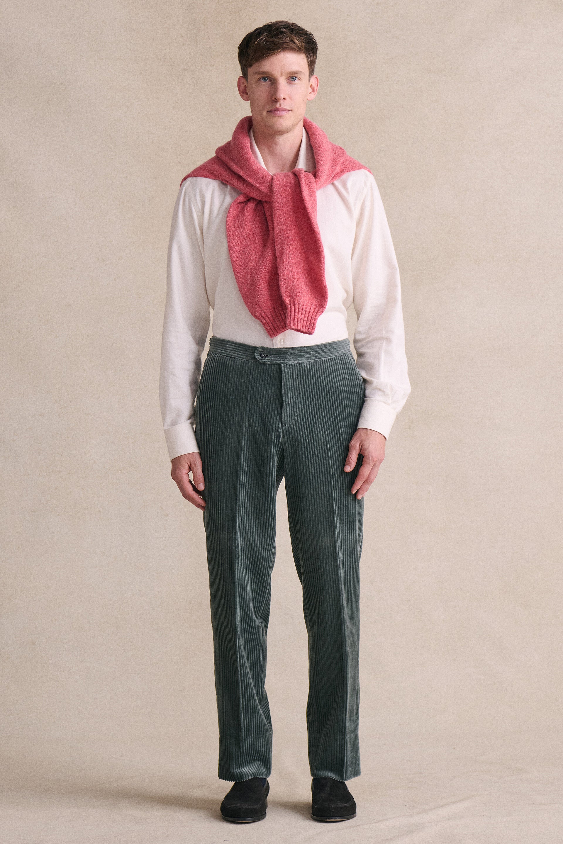 Grey Flat Front 5 Wale Corduroy Trousers