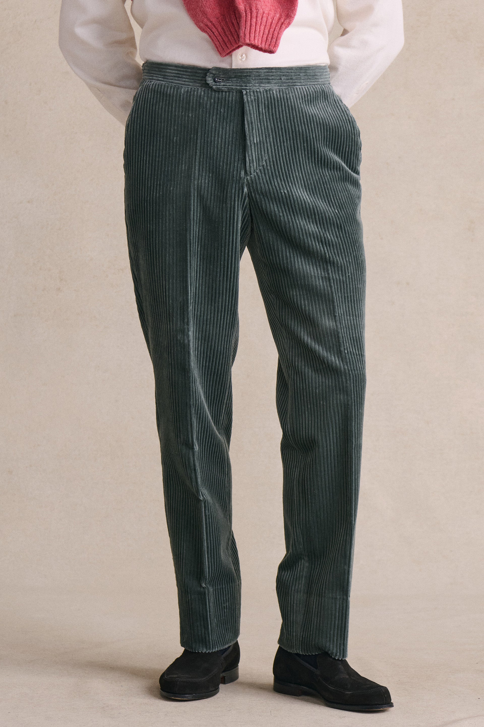 Grey Flat Front 5 Wale Corduroy Trousers