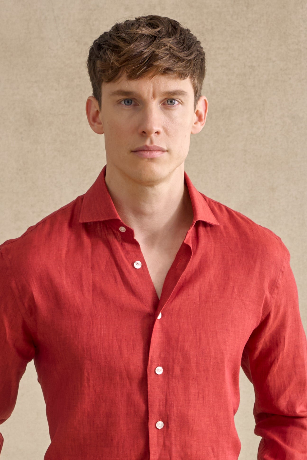 Red Cutaway Collar Standard Fit Linen Shirt