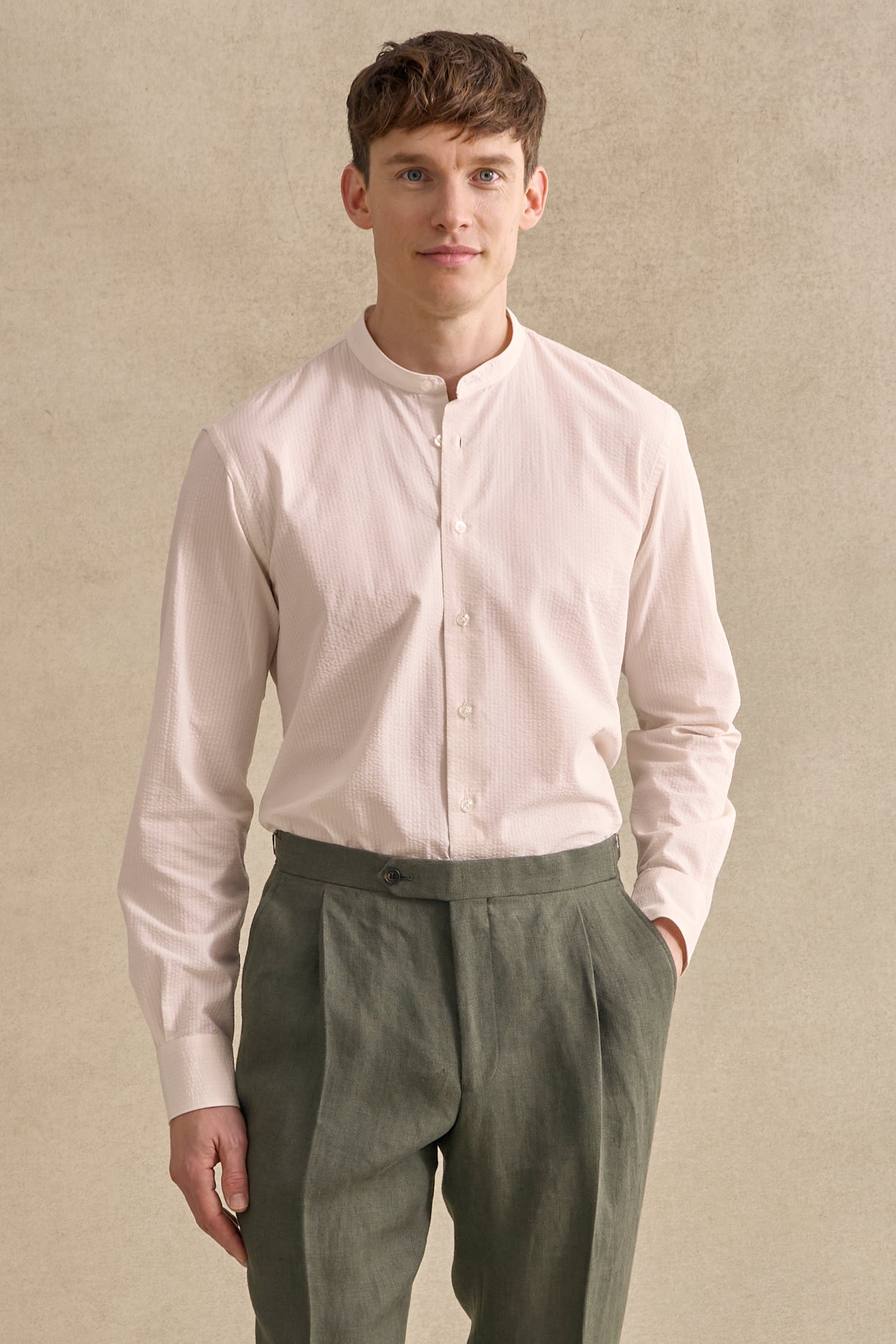 Ivory Seersucker Neckband Collar Standard Fit Shirt
