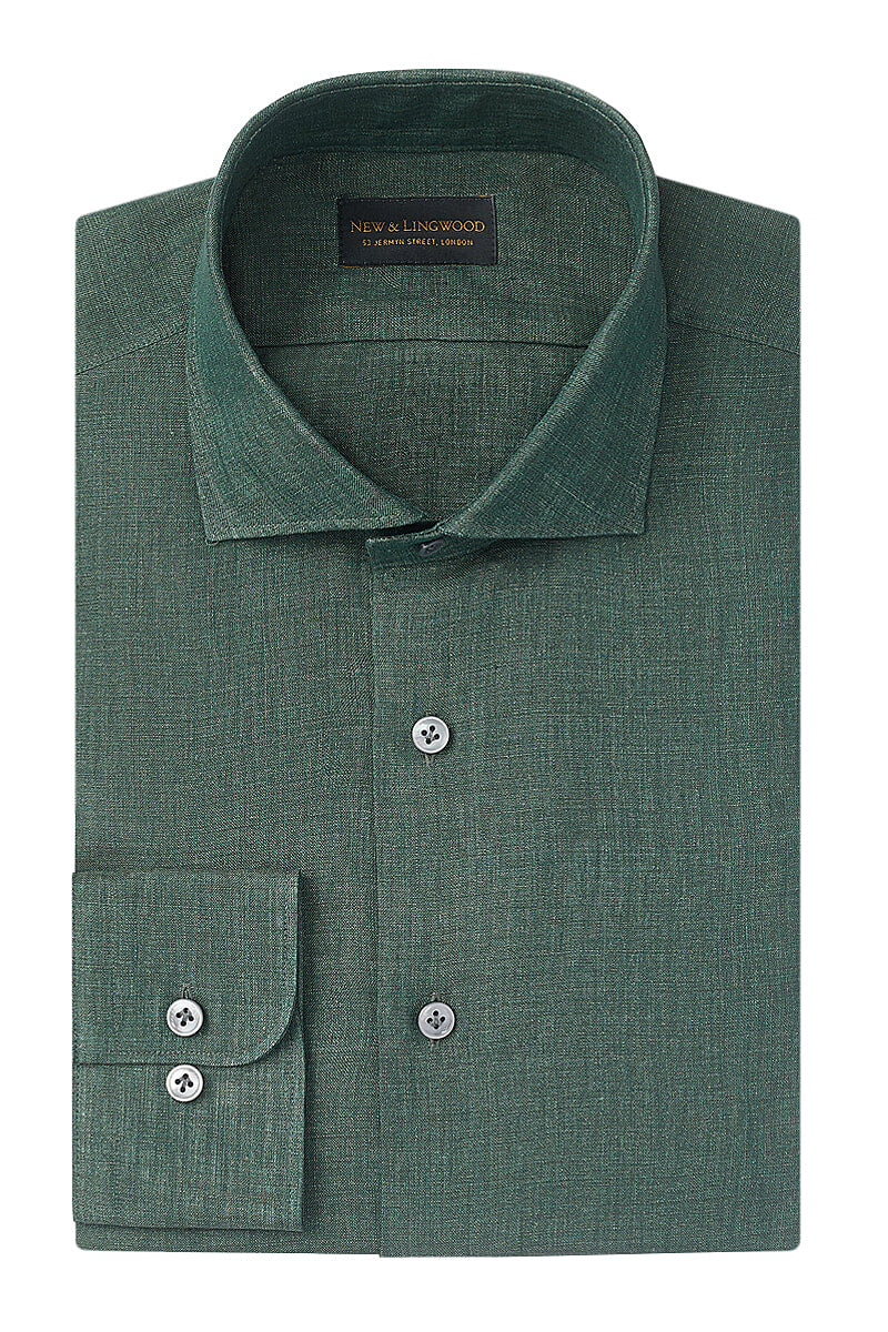 Green Cutaway Collar Standard Fit Linen Shirt