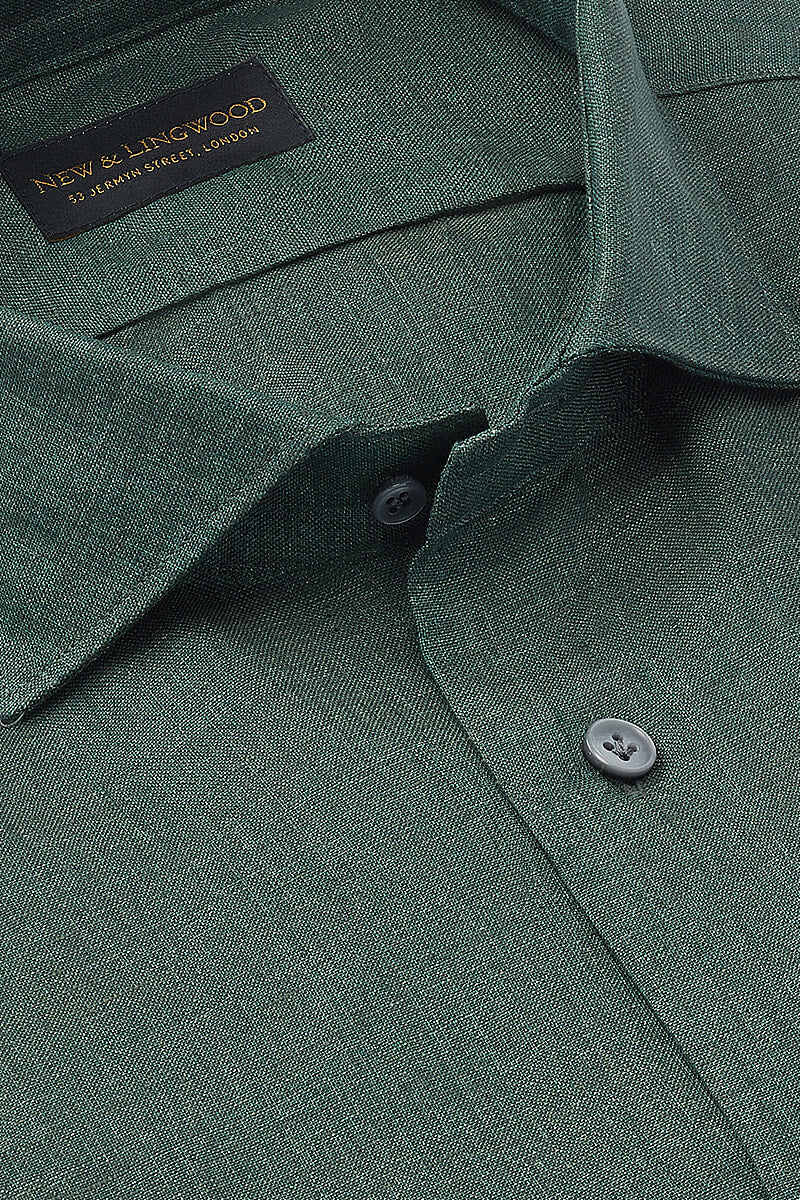 Green Cutaway Collar Standard Fit Linen Shirt