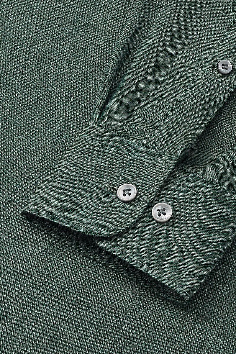 Green Cutaway Collar Standard Fit Linen Shirt