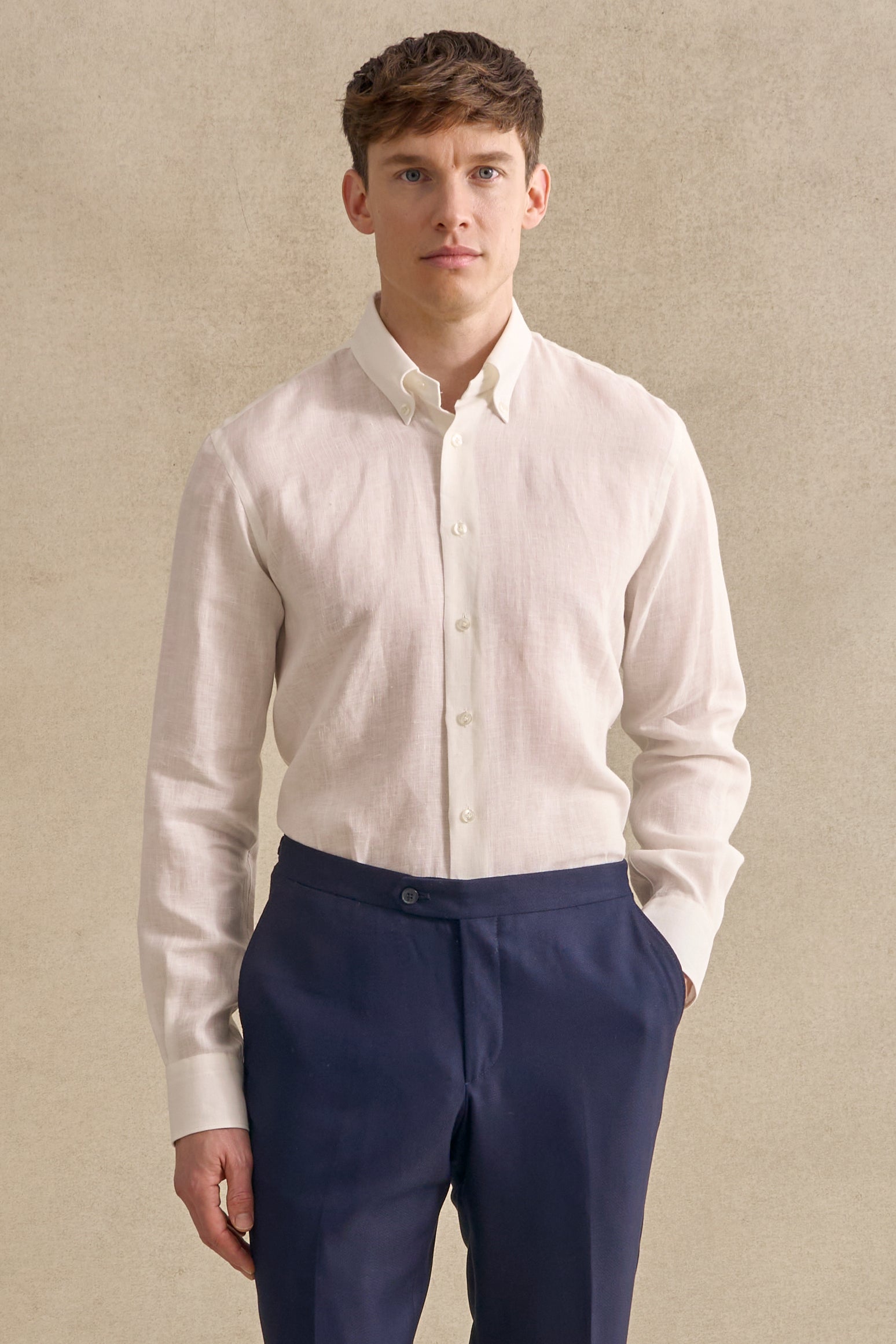 Ivory Button Down Collar Standard Fit Linen Shirt