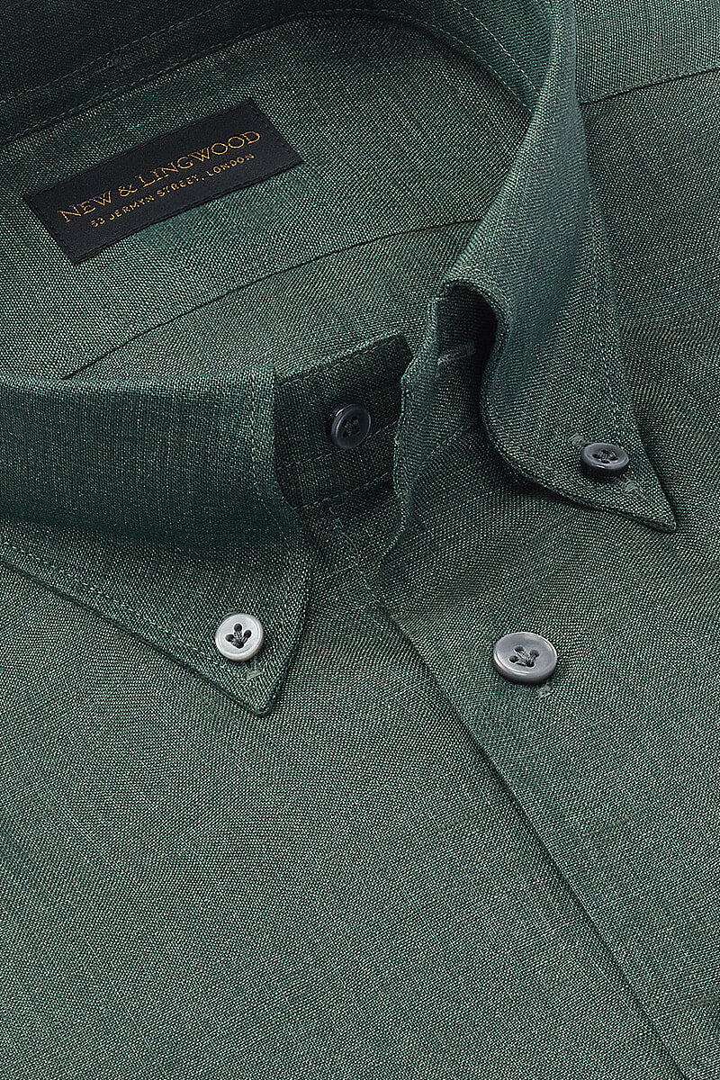 Green Button Down Collar Standard Fit Linen Shirt