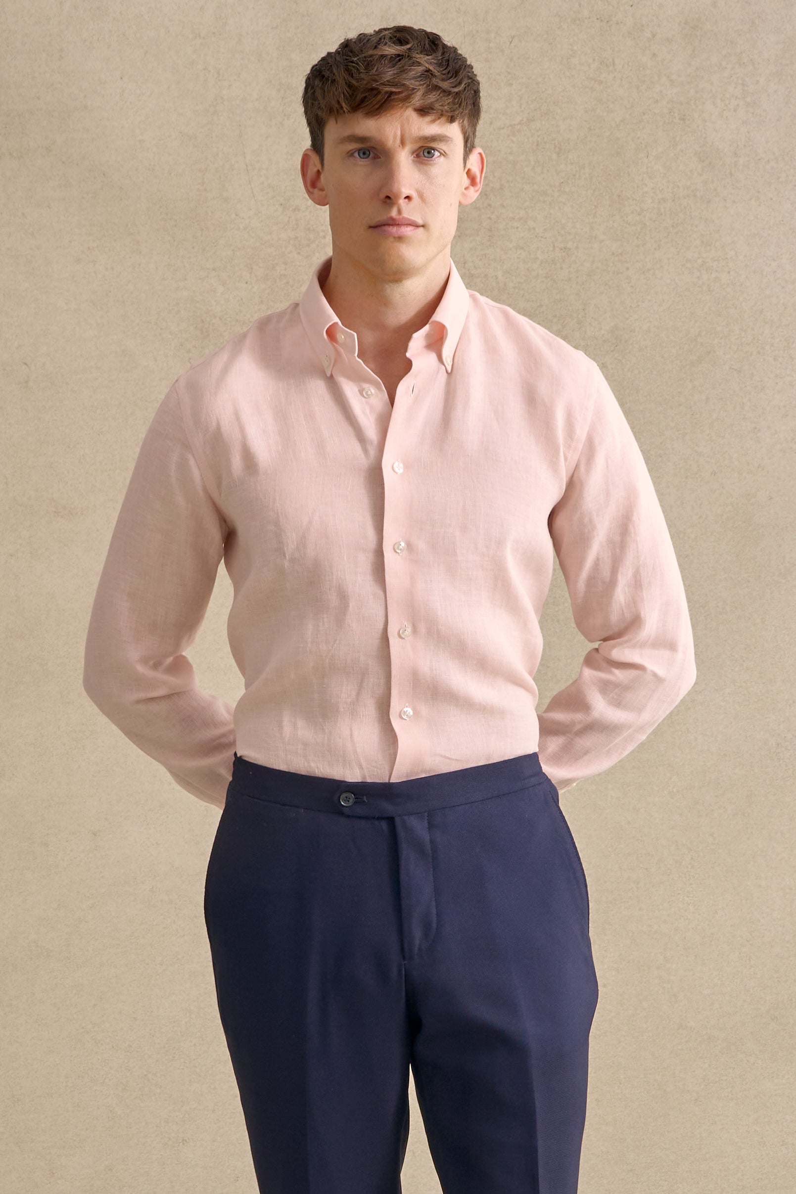 Pink Button Down Collar Standard Fit Linen Shirt