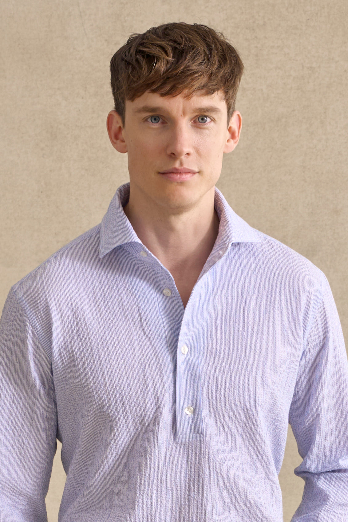 Blue & Cream One Piece Collar Seersucker Popover Shirt