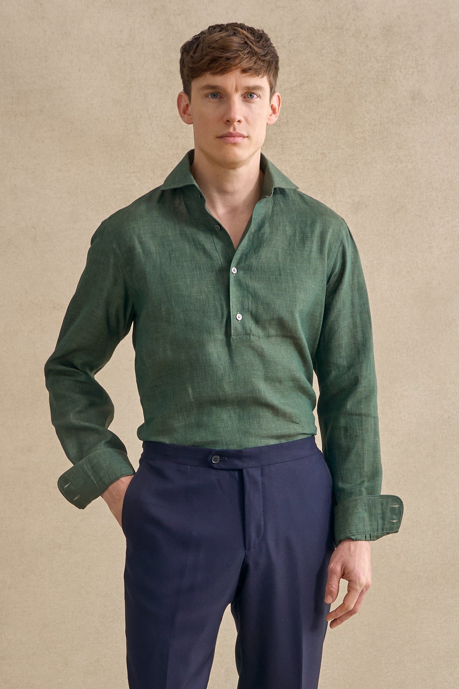 Green One Piece Collar Linen Popover Shirt