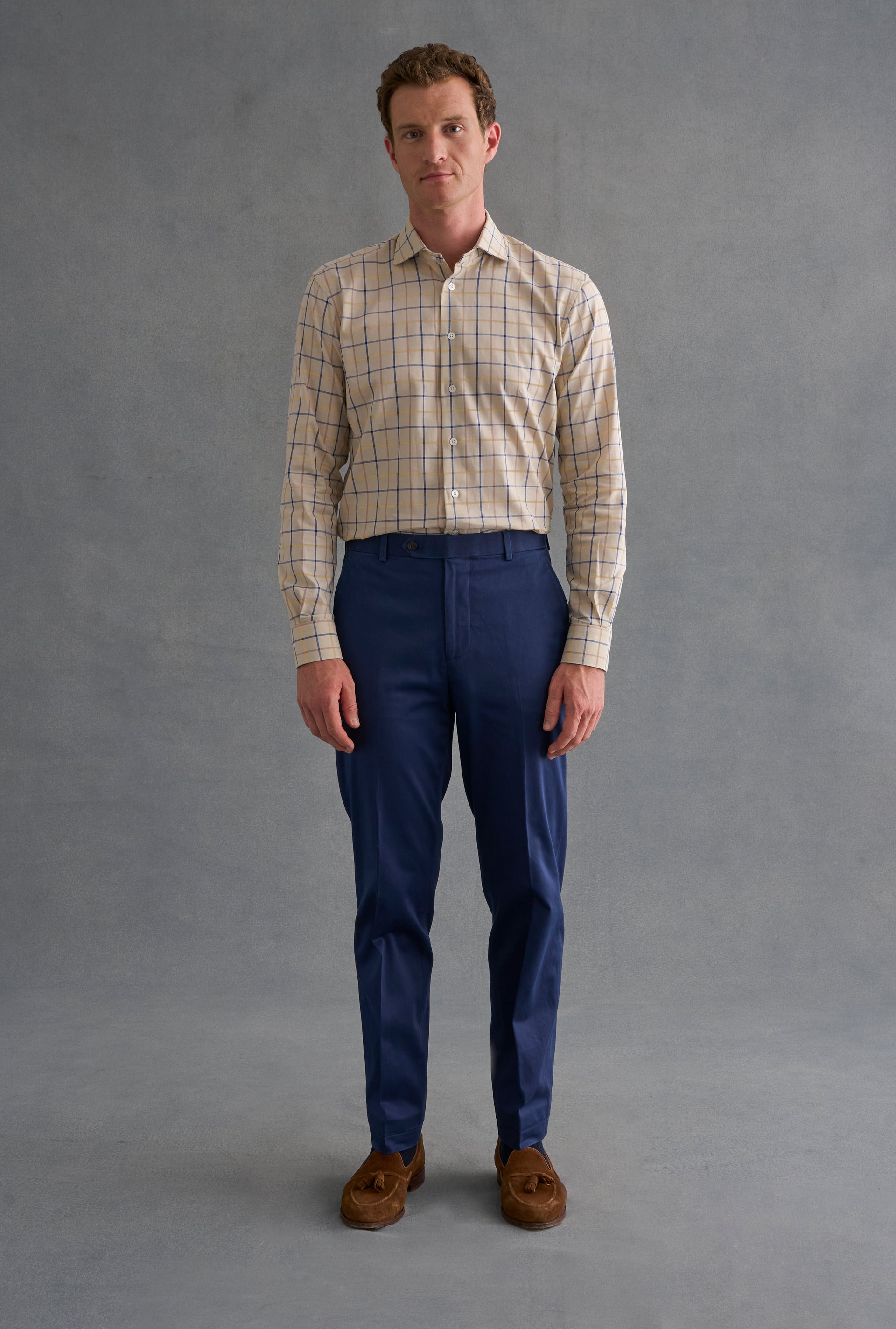 Navy & Tan Tattersall Check Cutaway Collar Standard Fit Shirt
