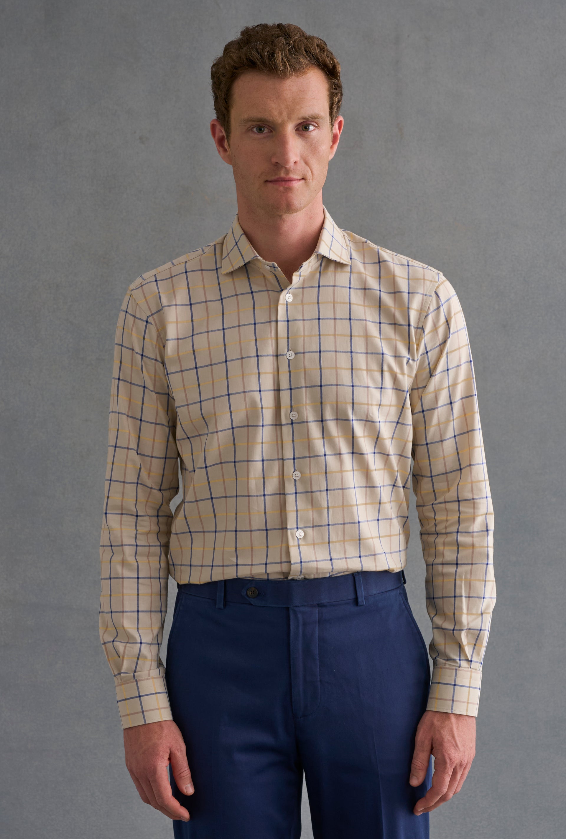 Navy & Tan Tattersall Check Cutaway Collar Standard Fit Shirt