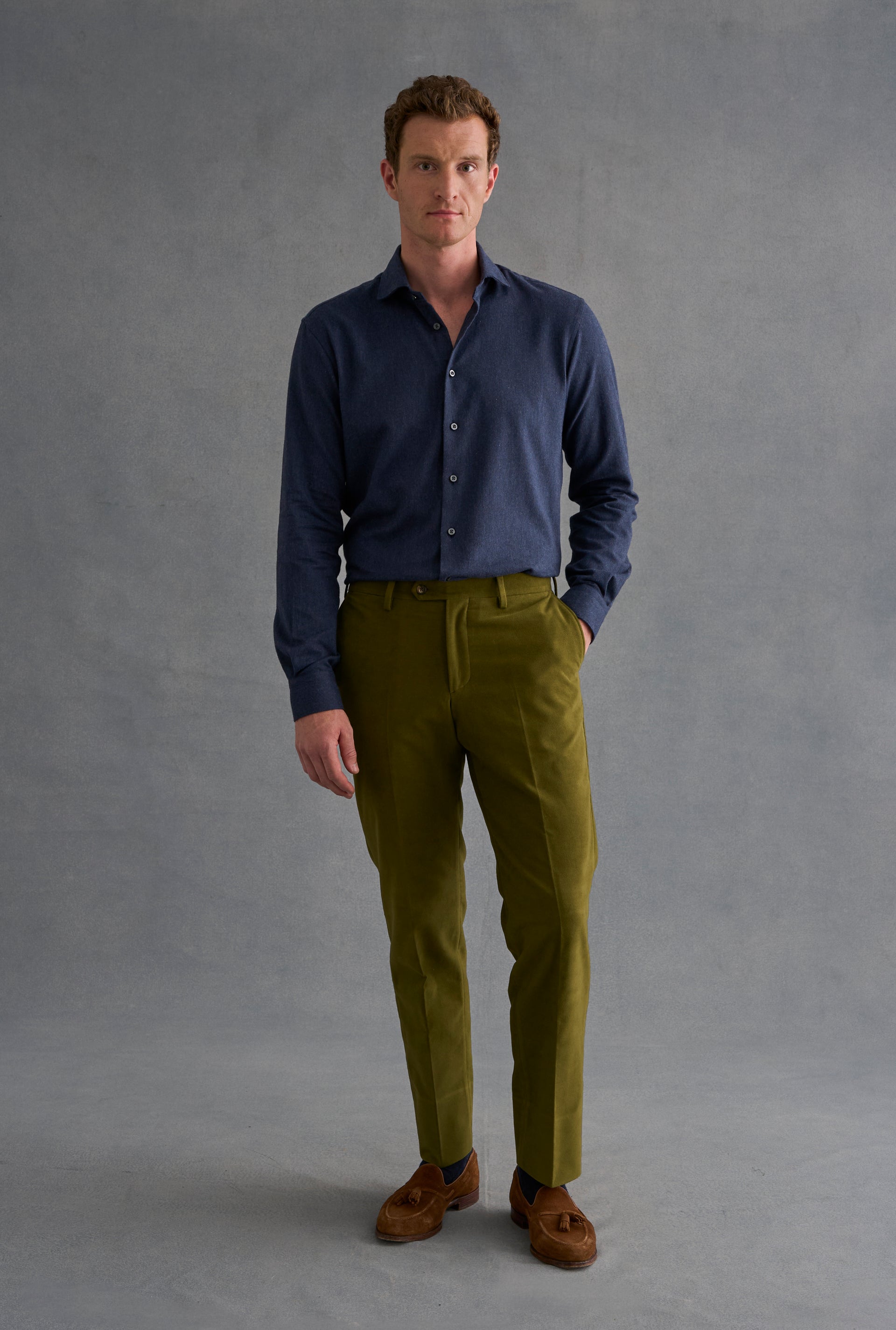 Green Flat Front Moleskin Trousers