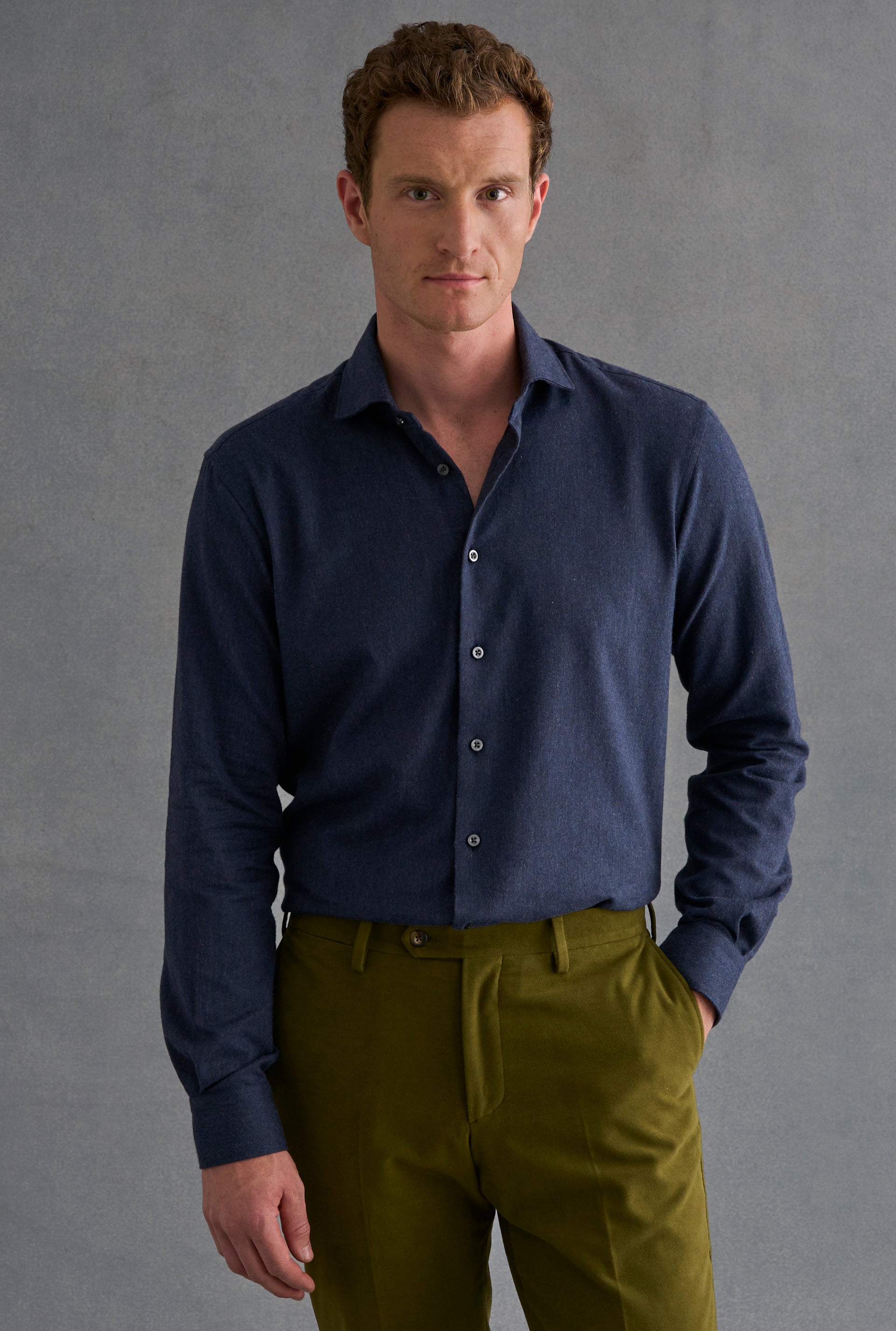 Navy Cutaway Collar Standard Fit Flannel Shirt