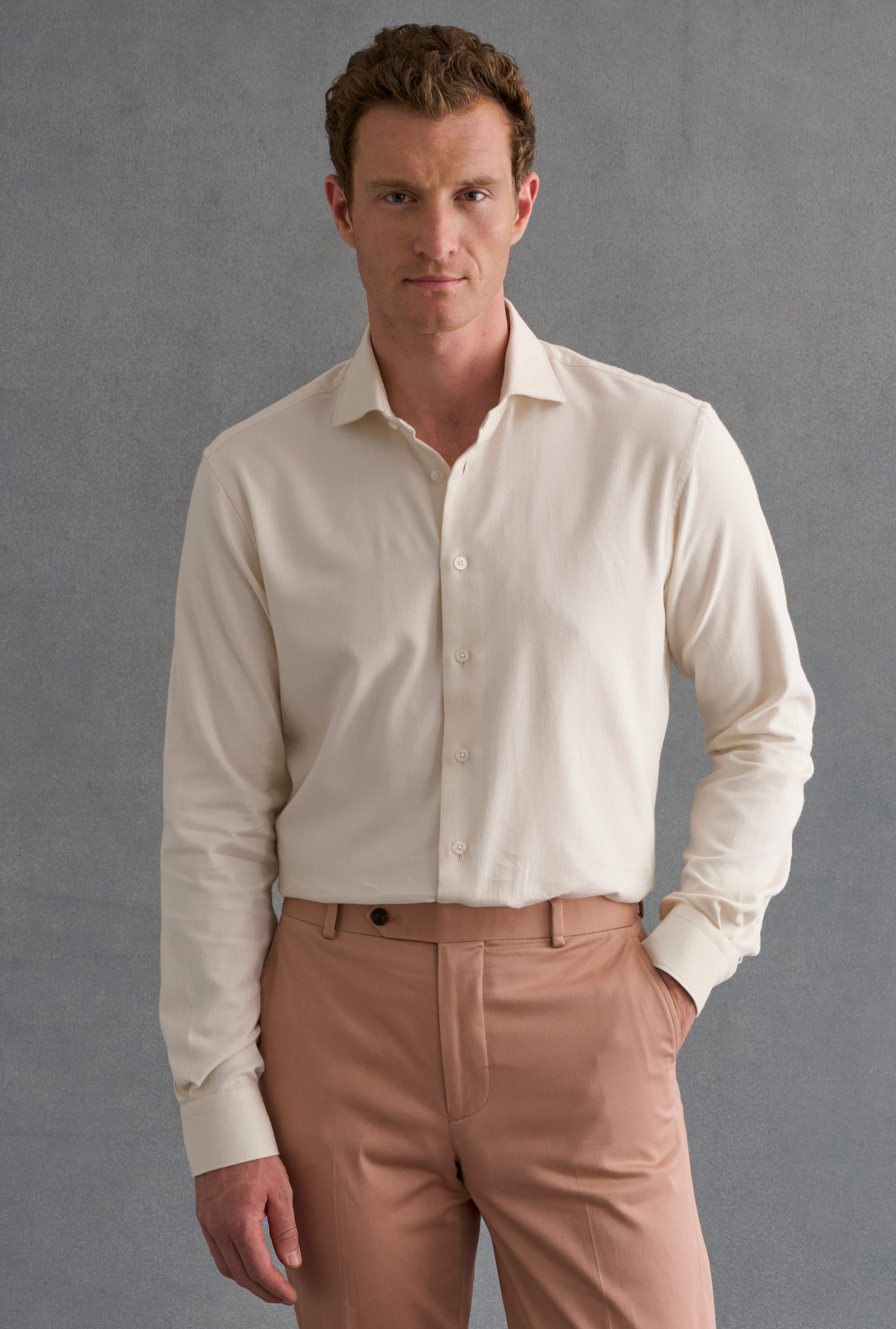 Cream Cutaway Collar Standard Fit Flannel Shirt