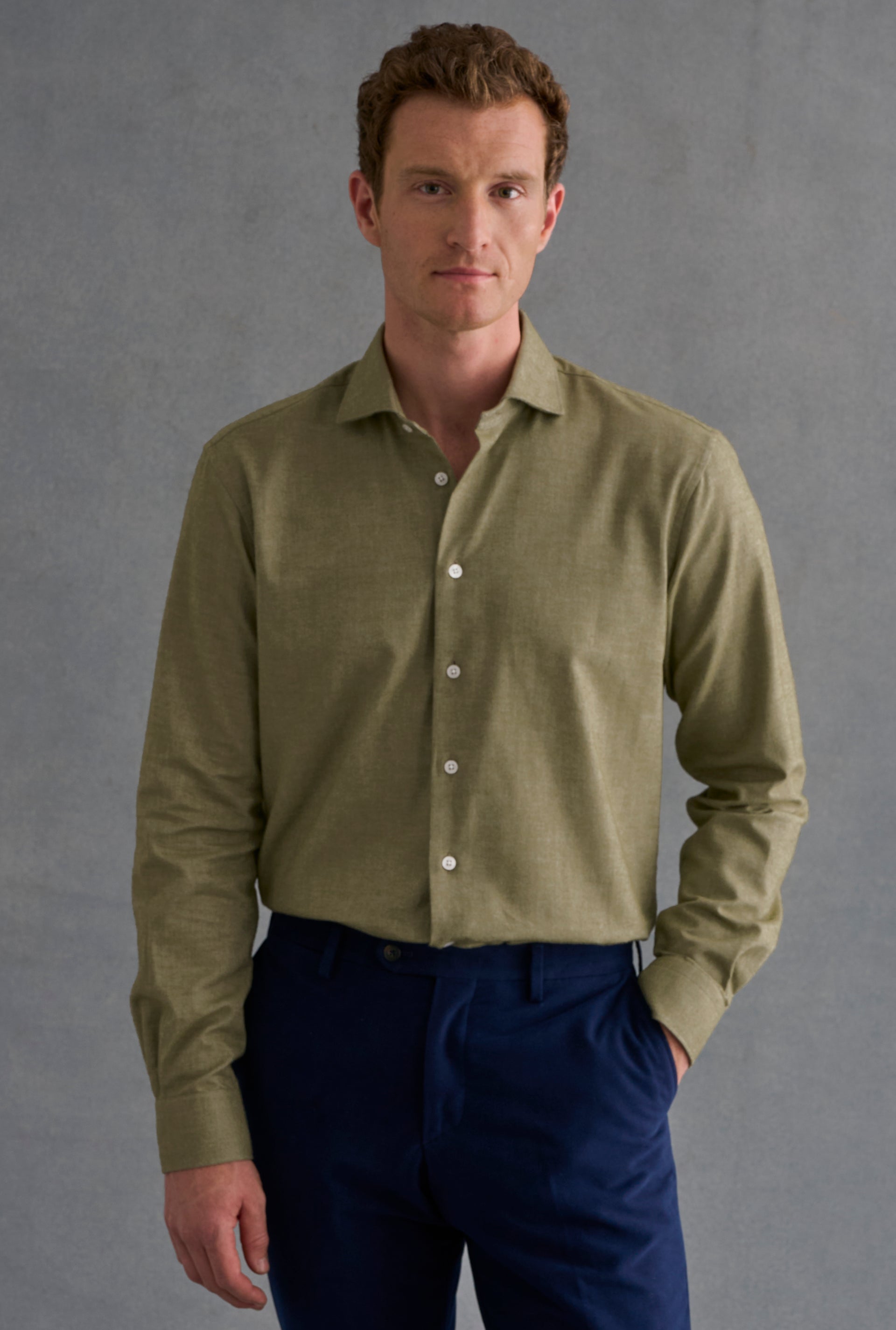 Green Cutaway Collar Standard Fit Flannel Shirt