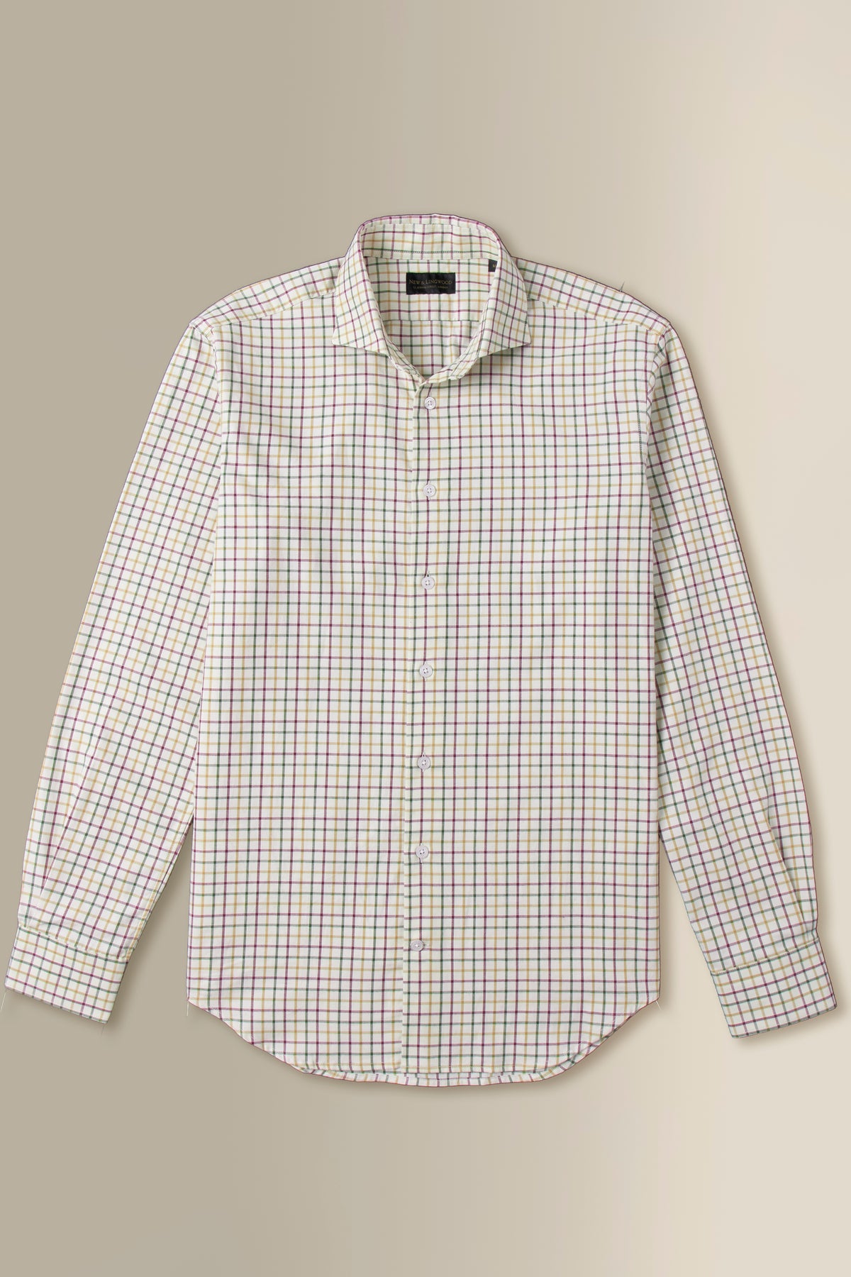 Tan & Olive Tattersall Check Cutaway Collar Standard Fit Shirt