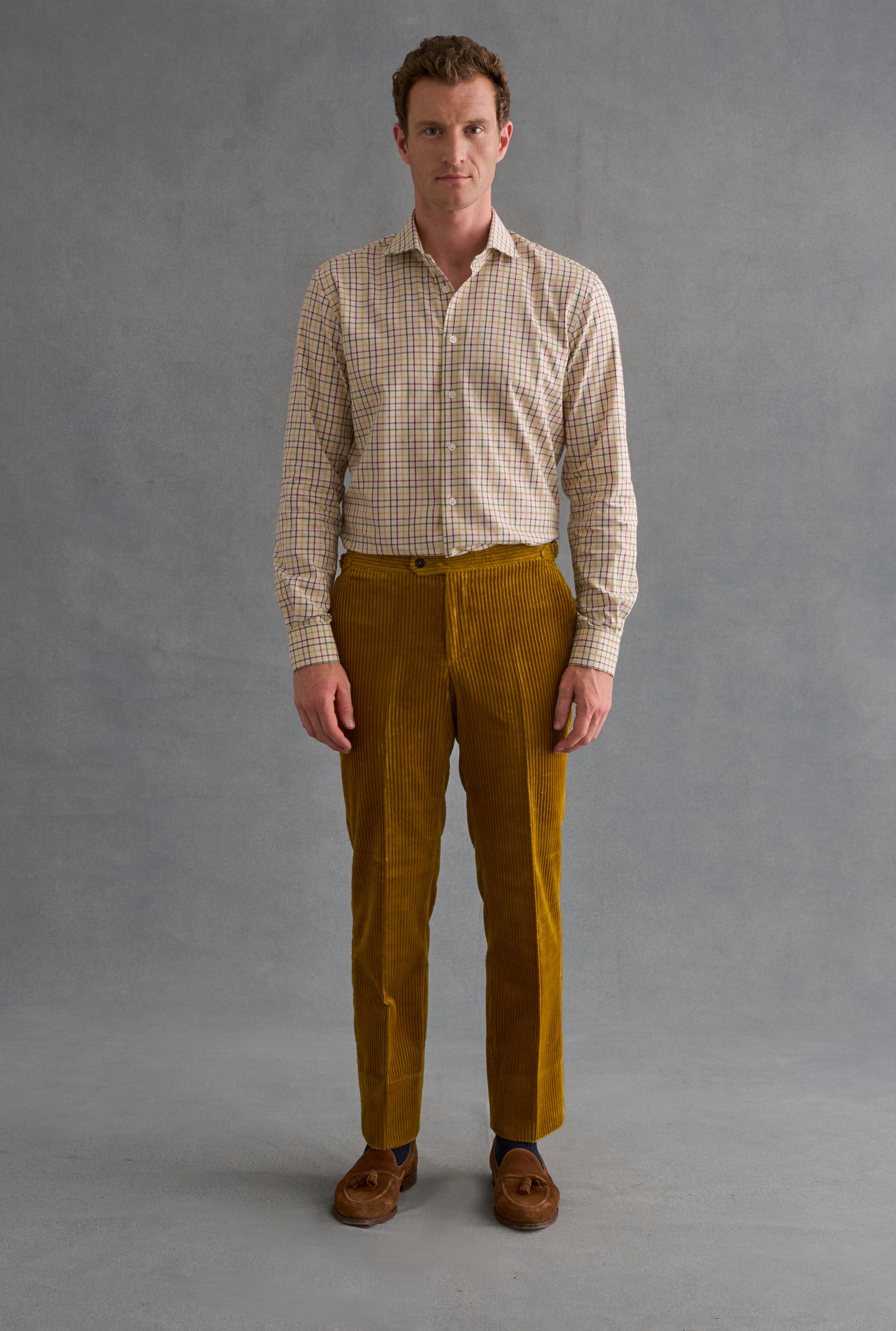 Tan & Olive Tattersall Check Cutaway Collar Standard Fit Shirt