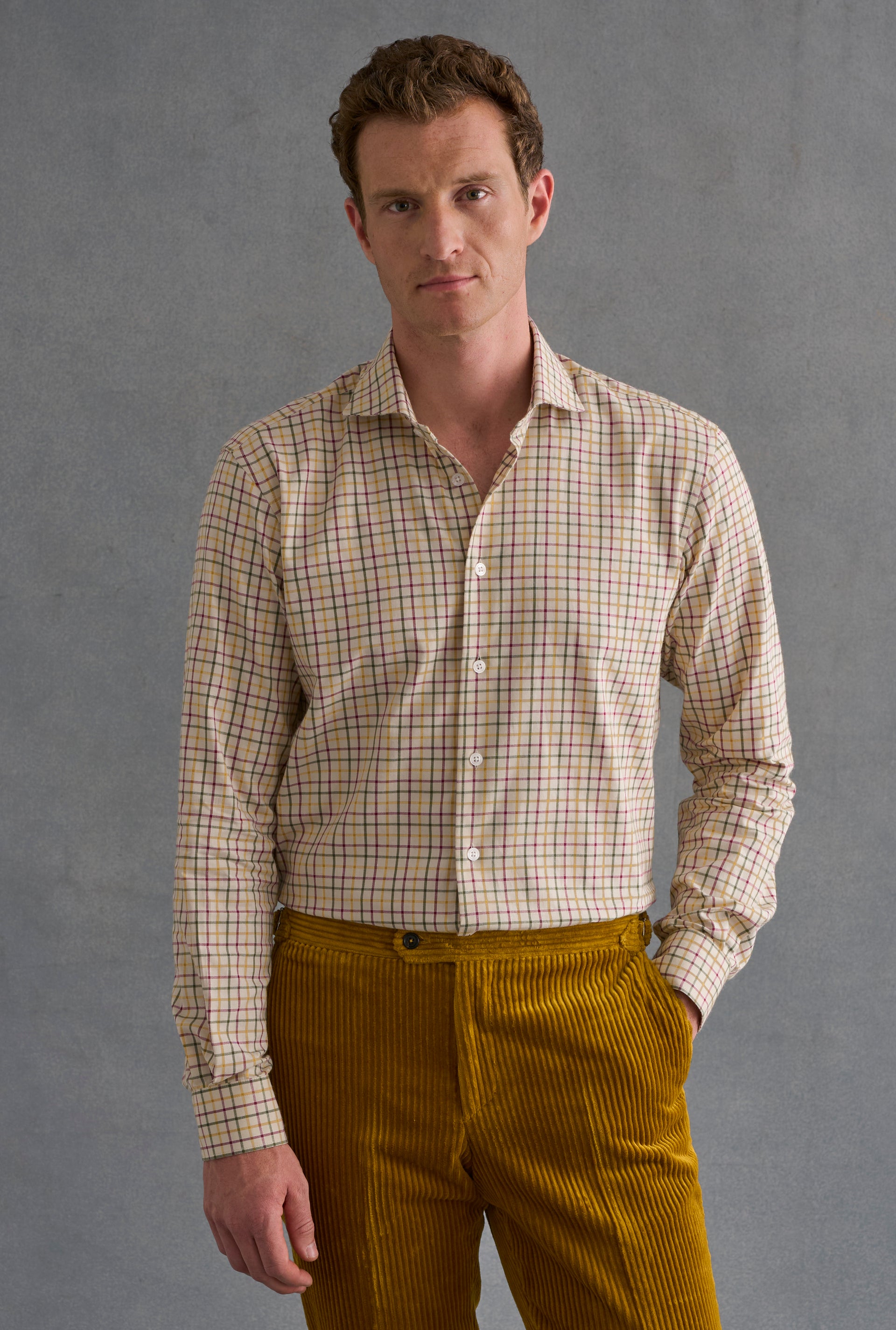 Tan & Olive Tattersall Check Cutaway Collar Standard Fit Shirt