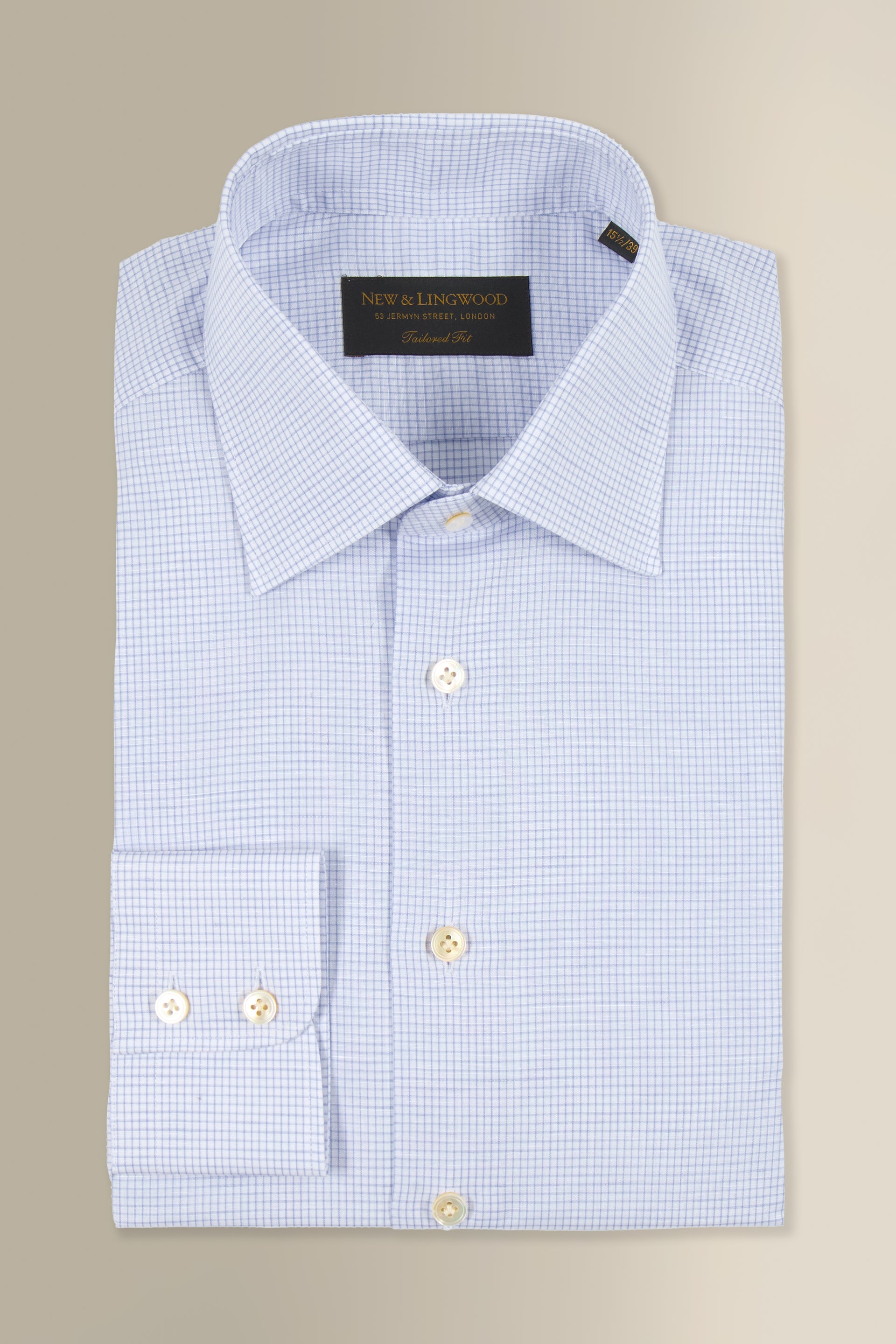 Blue & White Windowpane Check St James' Collar Tailored Fit Single Cuff Cotton & Linen Shirt