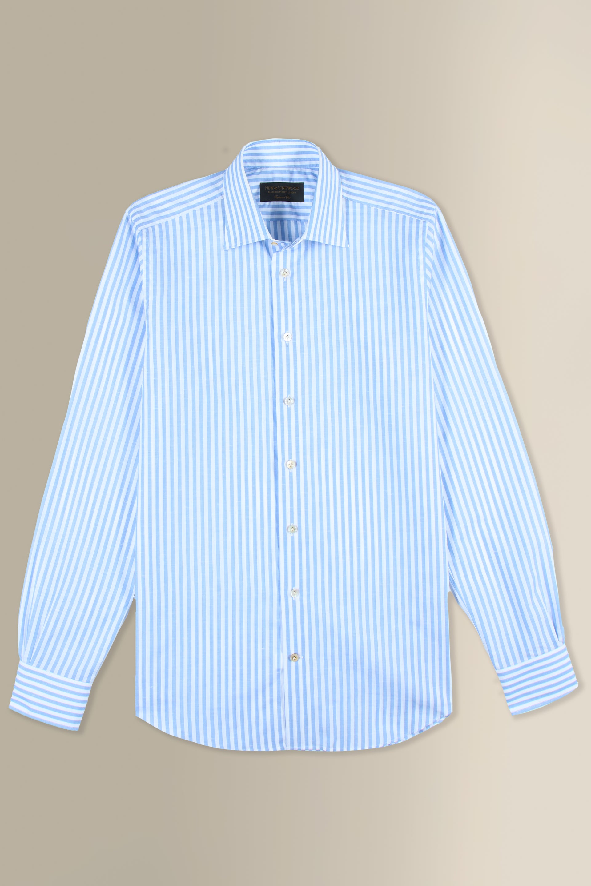 Blue & White Butcher Stripe St James' Collar Tailored Fit Single Cuff Cotton & Linen Shirt