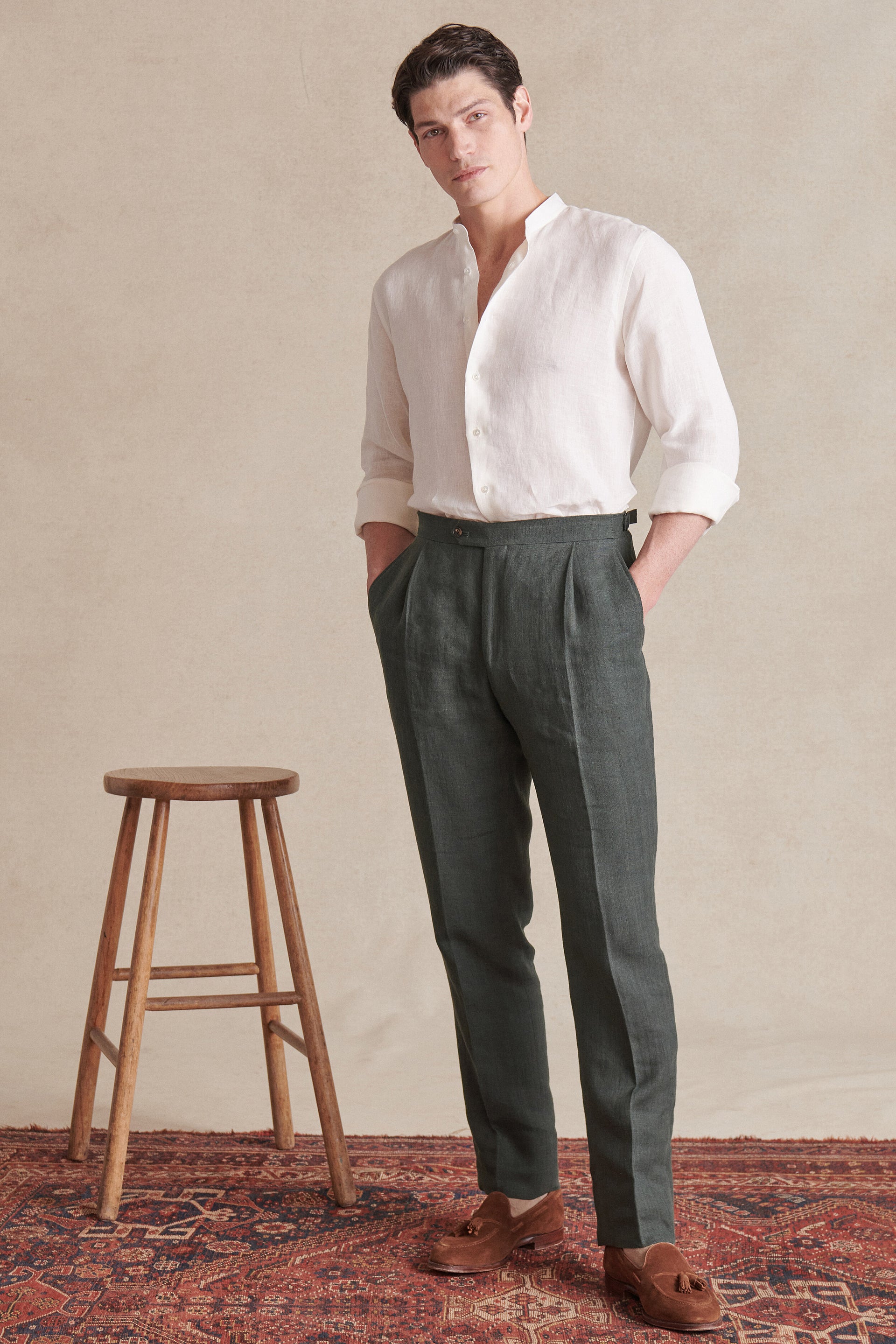 Ivory Neckband Collar Standard Fit Linen Shirt