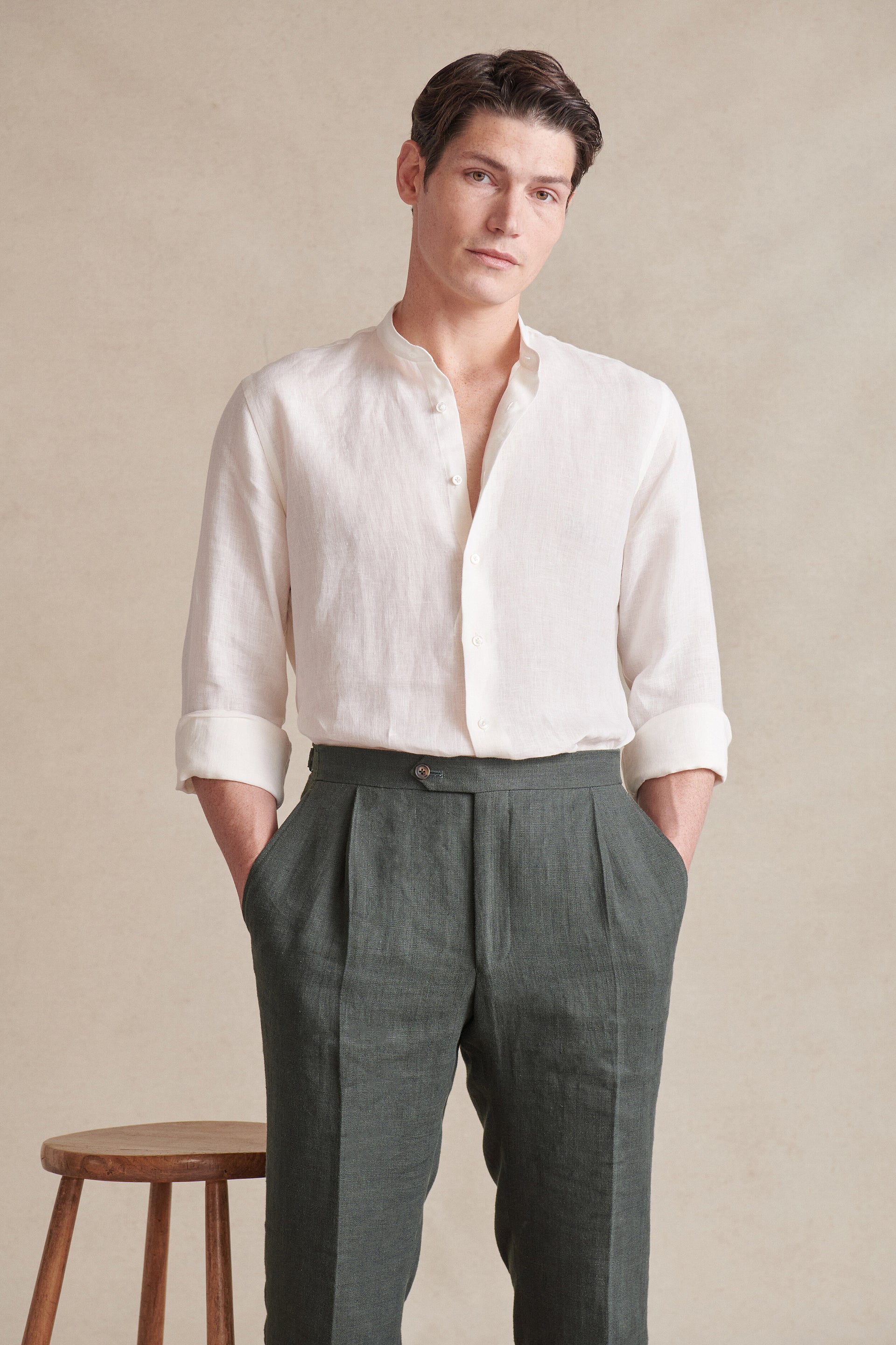 Ivory Neckband Collar Standard Fit Linen Shirt