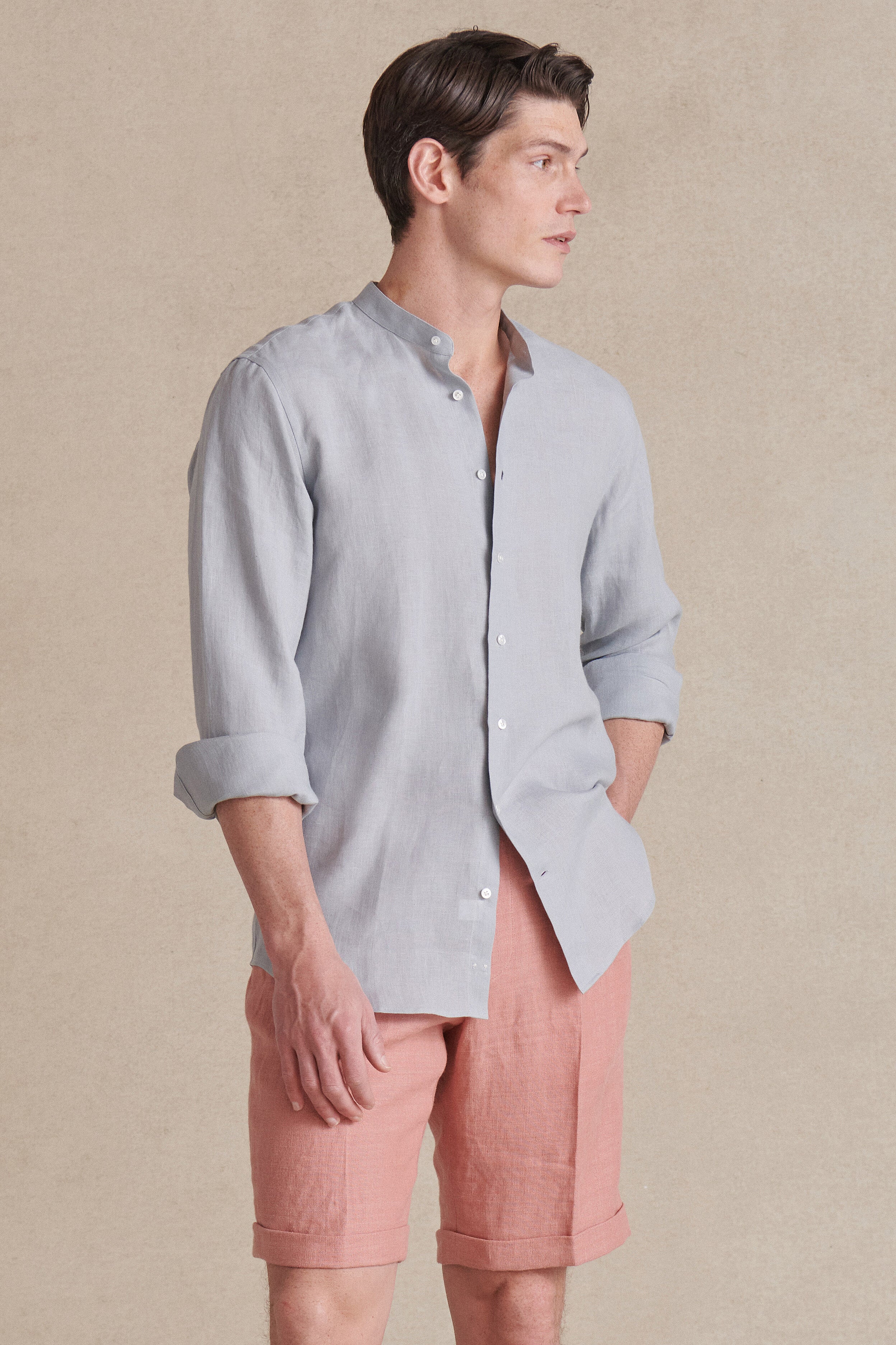 Light Blue Neckband Collar Standard Fit Linen Shirt