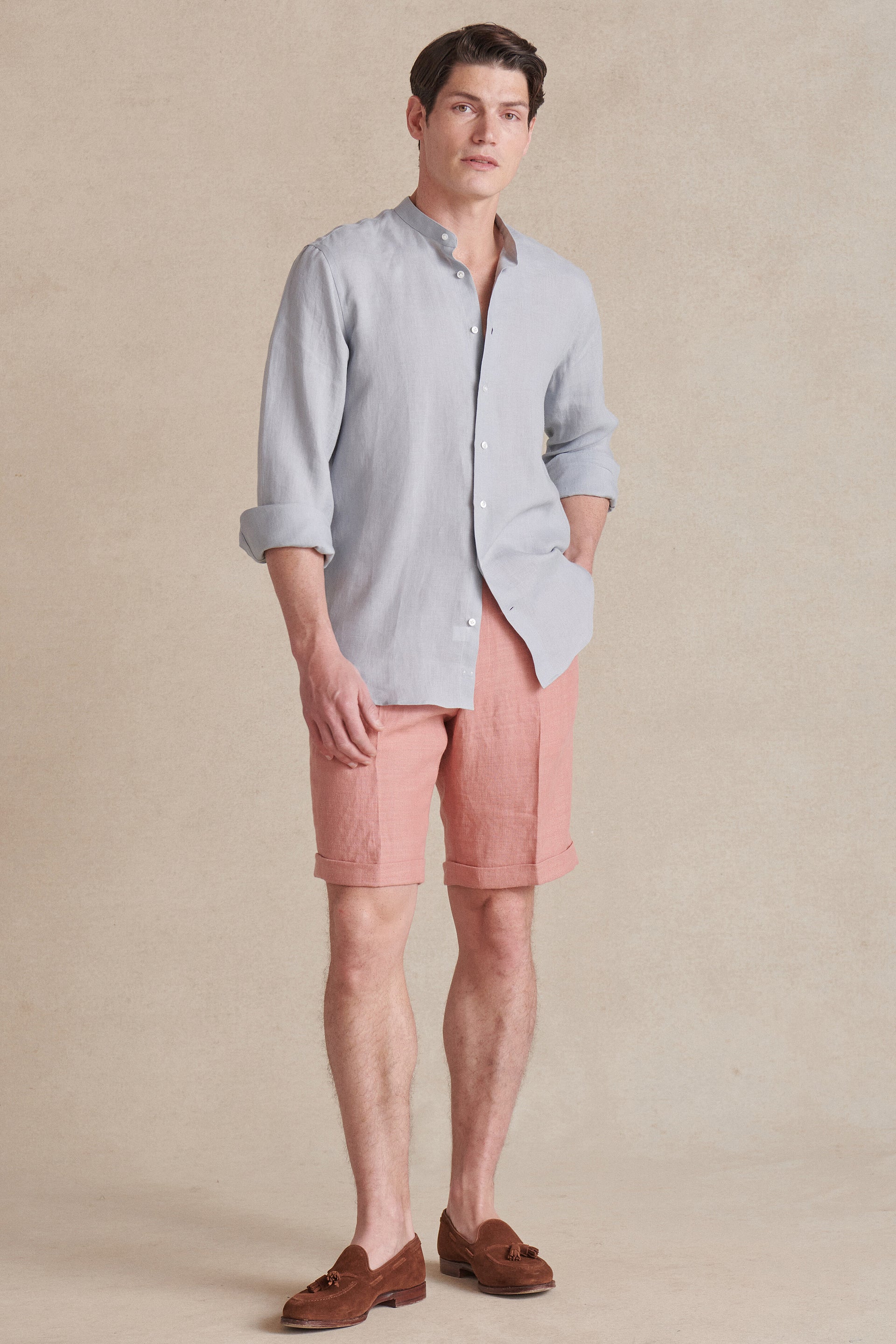 Light Blue Neckband Collar Standard Fit Linen Shirt