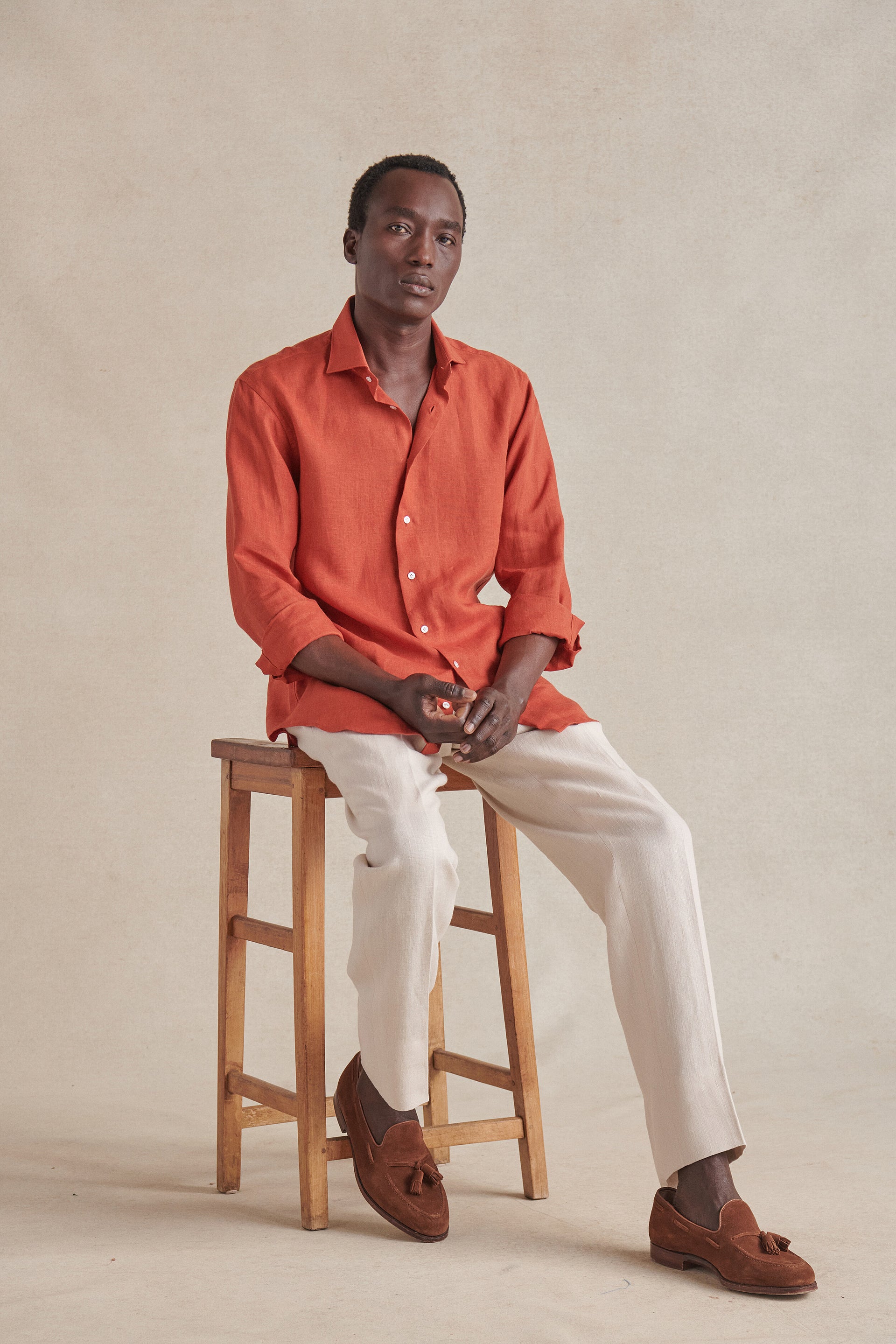 Rust Cutaway Collar Standard Fit Linen Shirt
