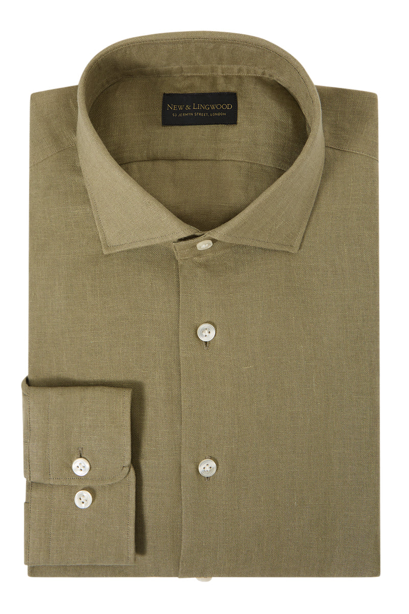 Olive Cutaway Collar Standard Fit Linen Shirt