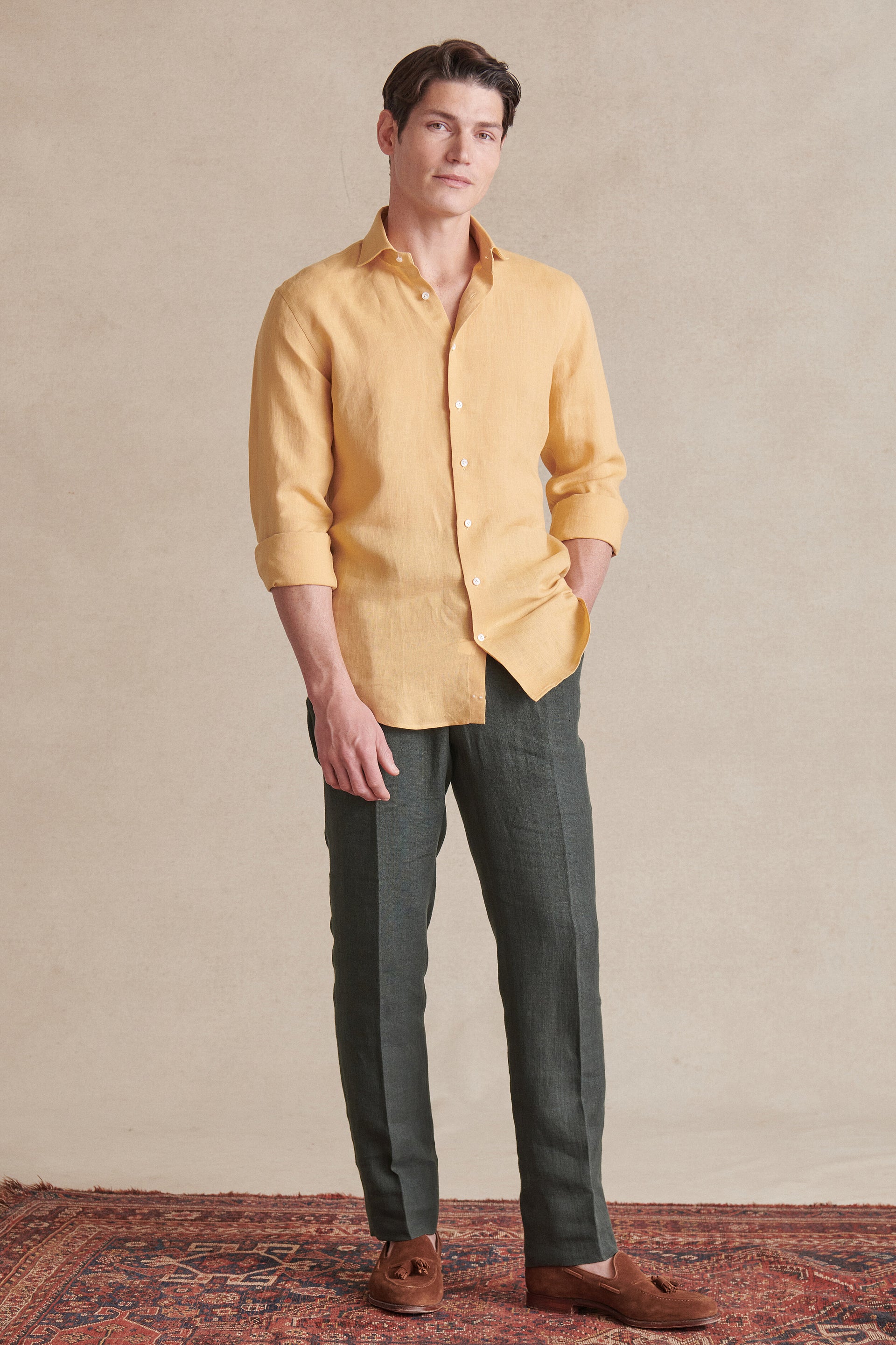 Mustard Cutaway Collar Standard Fit Linen Shirt