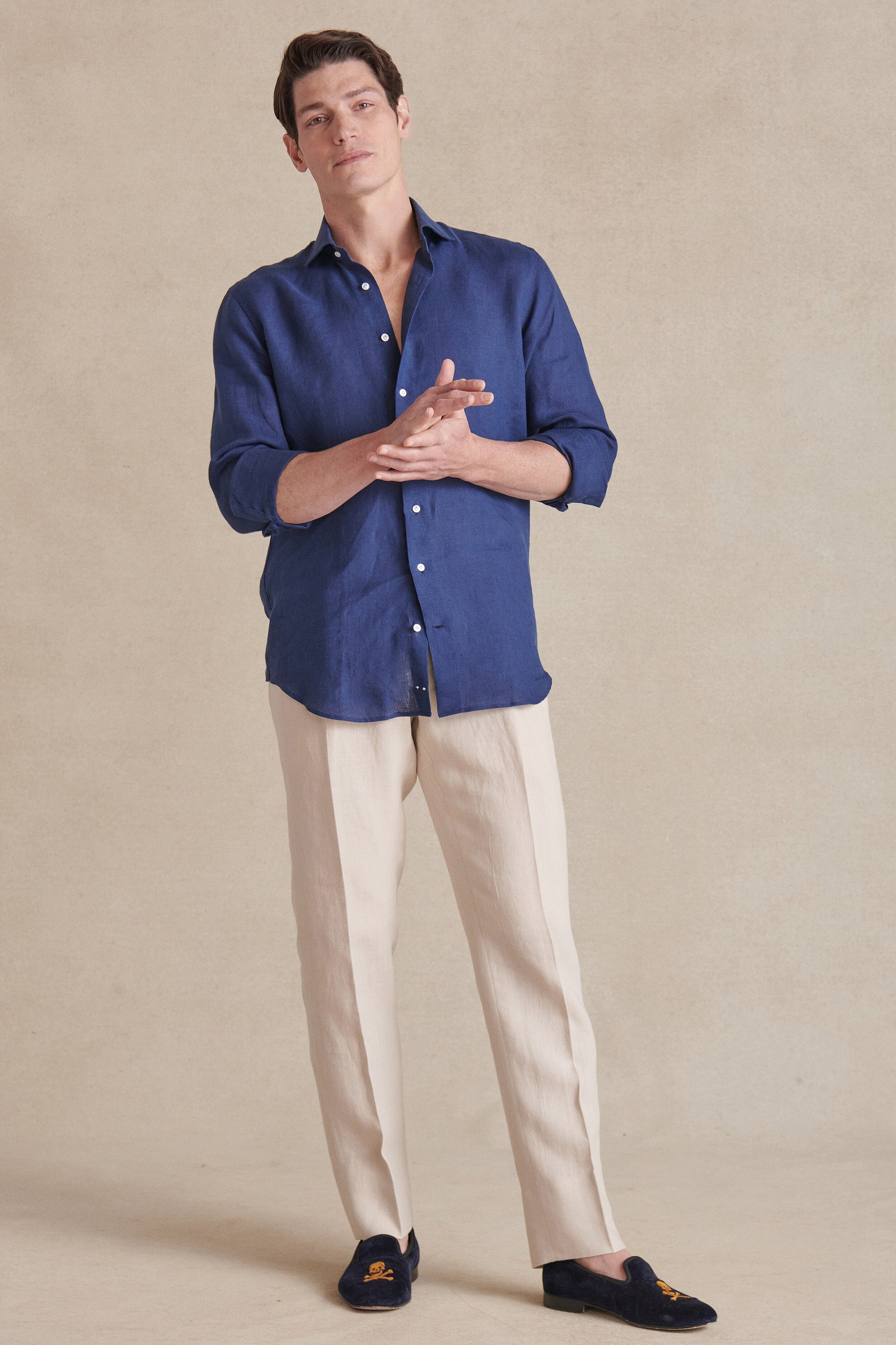 Blue Cutaway Collar Standard Fit Linen Shirt