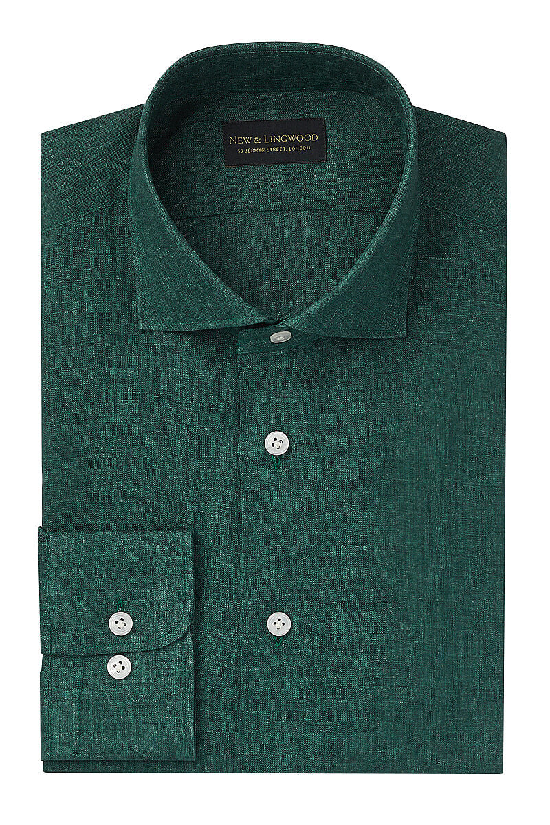 Green Cutaway Collar Standard Fit Linen Shirt