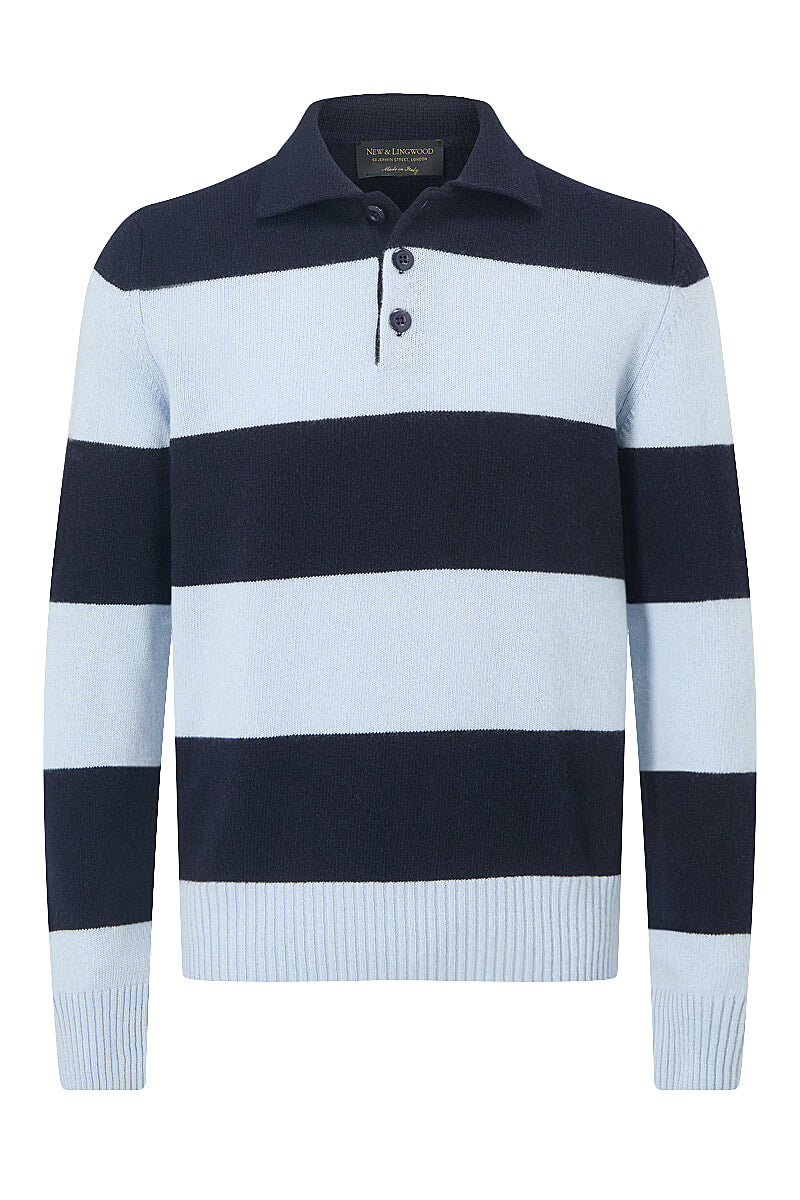 Navy & Blue Stripe Lambswool Knitted Polo