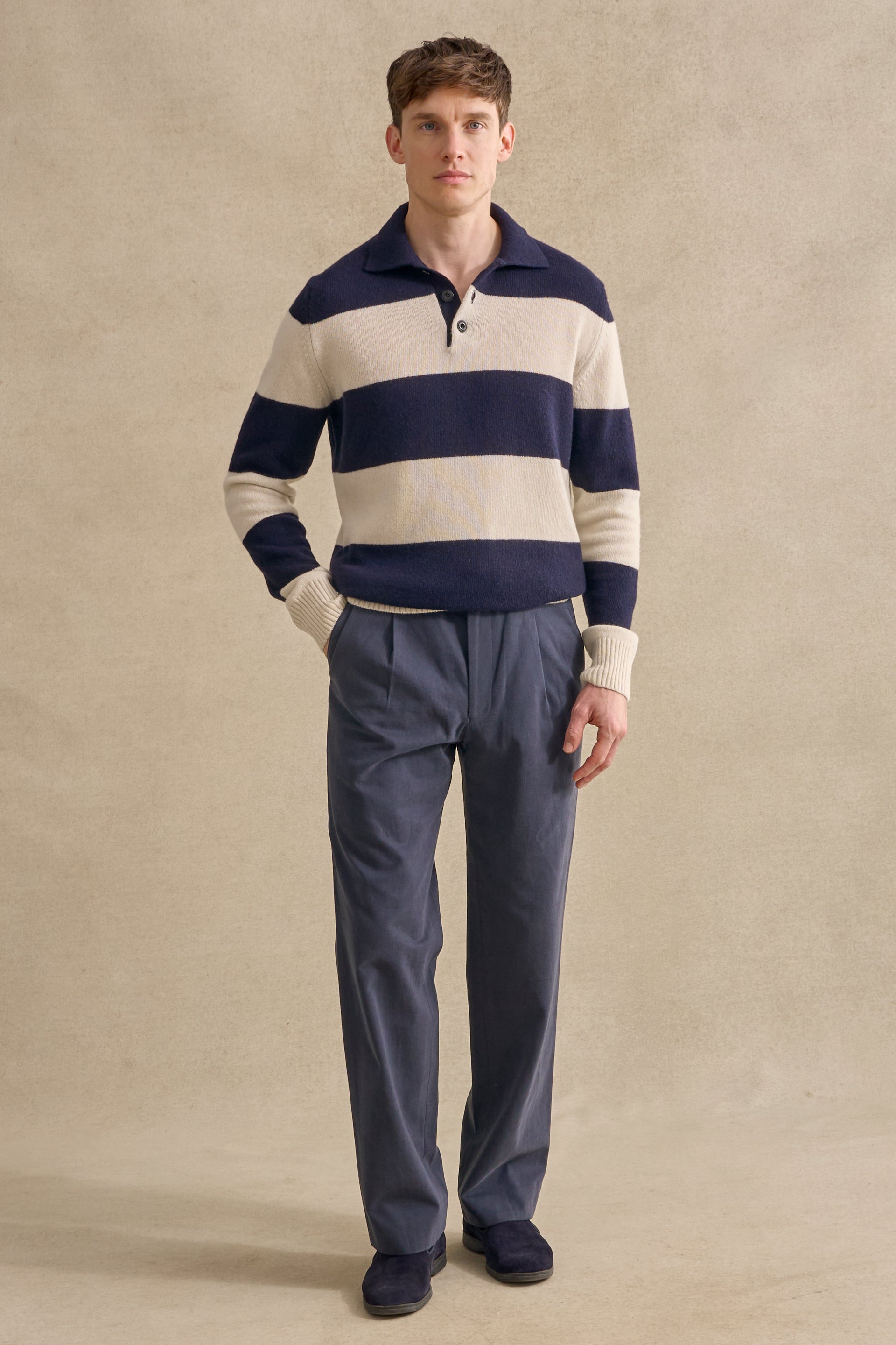 Navy & Cream Stripe Lambswool Knitted Polo