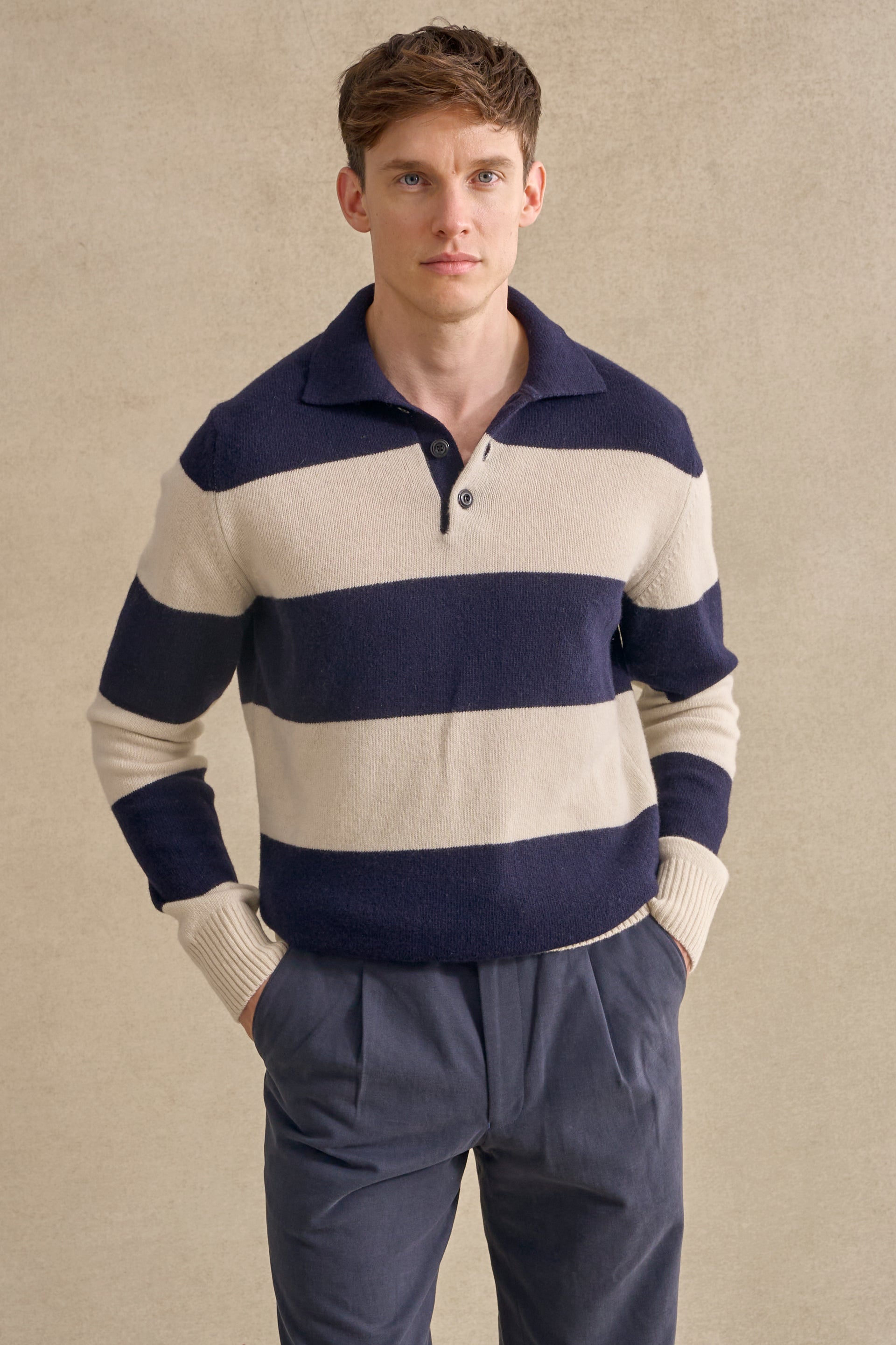 Navy & Cream Stripe Lambswool Knitted Polo